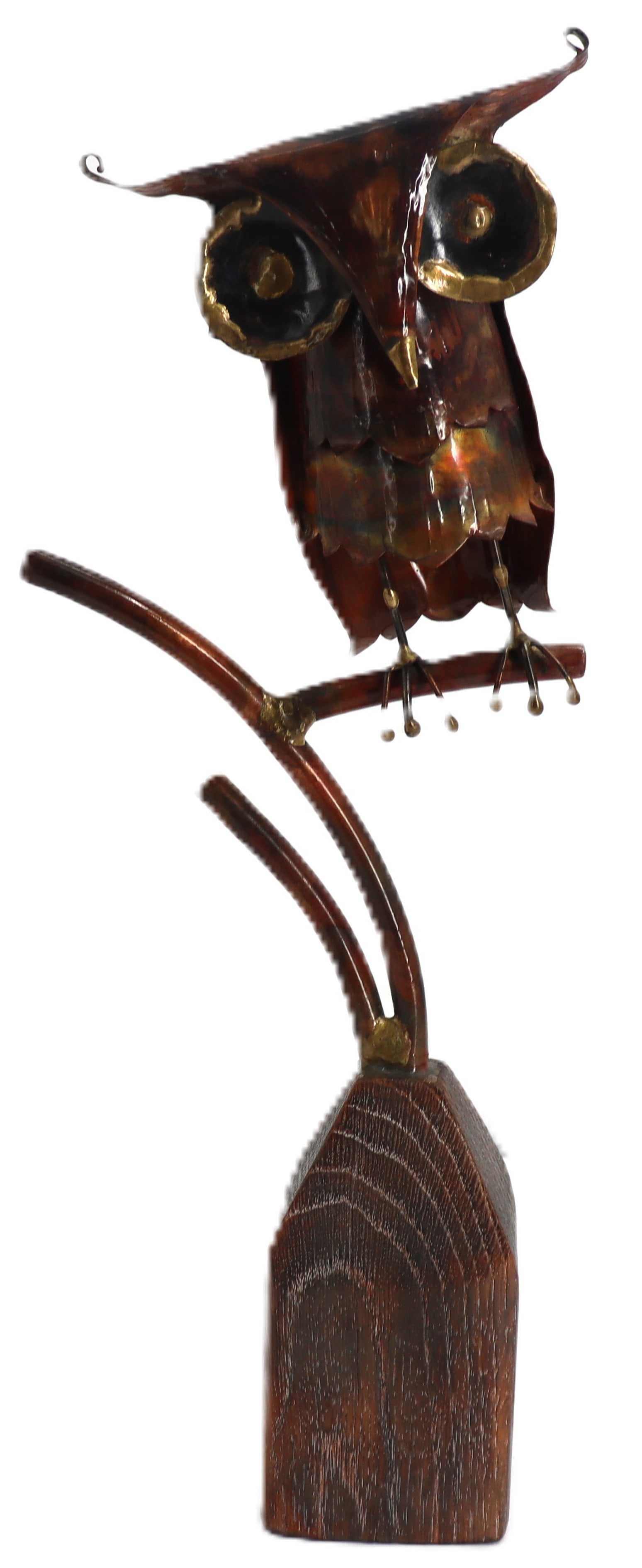 Brutalist Copper and Brass Owl Figure on on Wood Branch Base in the Manner of C. Jere: Brutalist Copper and Brass Owl Figure on on Wood Branch Base in the Manner of C. Jere. Monogrammed and dated on bottom '73. Size: 2 3/4 x 6 x 15 1/2 in. 