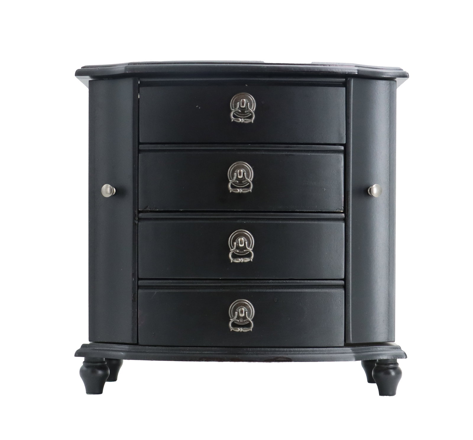 Traditional Wooden Jewelry Box on Four Feet: Traditional Wooden Jewelry Box on Four Feet. Expands to multiple compartments, including four in the middle and two on the side, with a mirror in the lid. Silvered metal handles, hangers, and hinges t