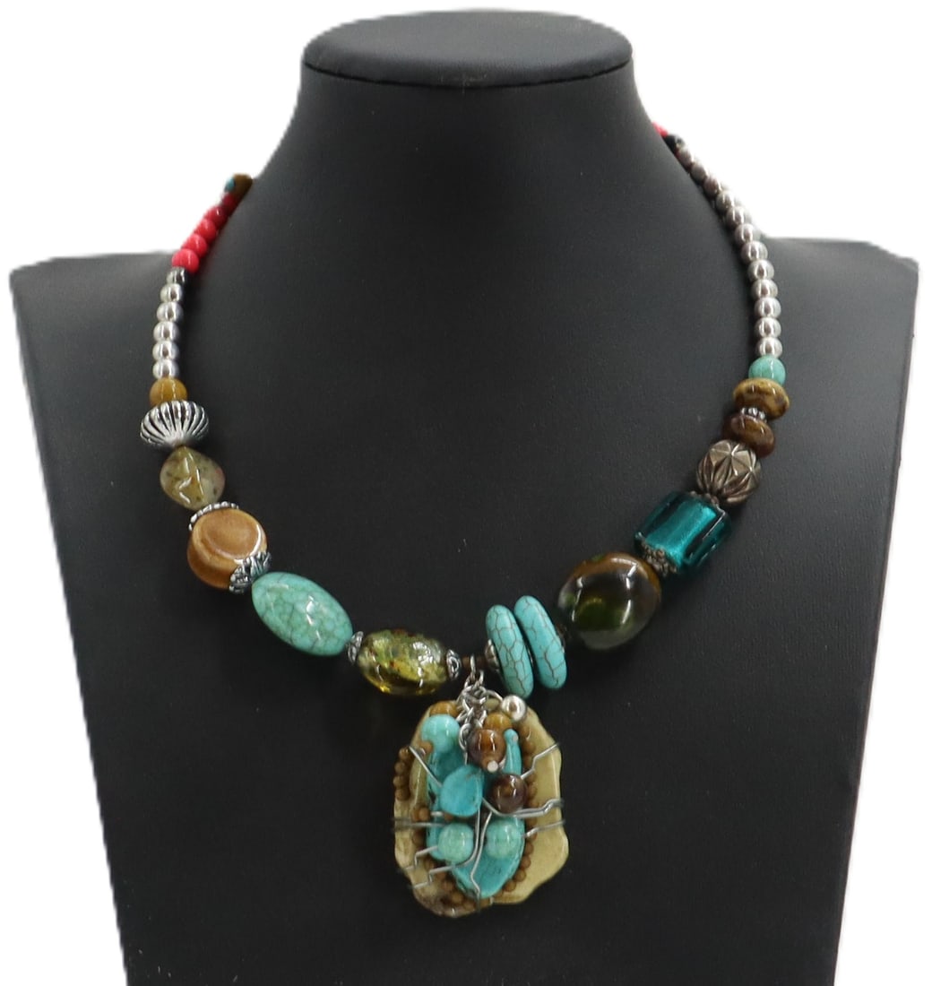 Boho Treska Style Necklace With Faux Turquoise Various Beads: Boho Treska Style Necklace With Faux Turquoise Various Beads. Features an eclectic mix of multi-textured beads, including vibrant orange glass, earthy stones, and metallic accents. Size: 4 3/4 x