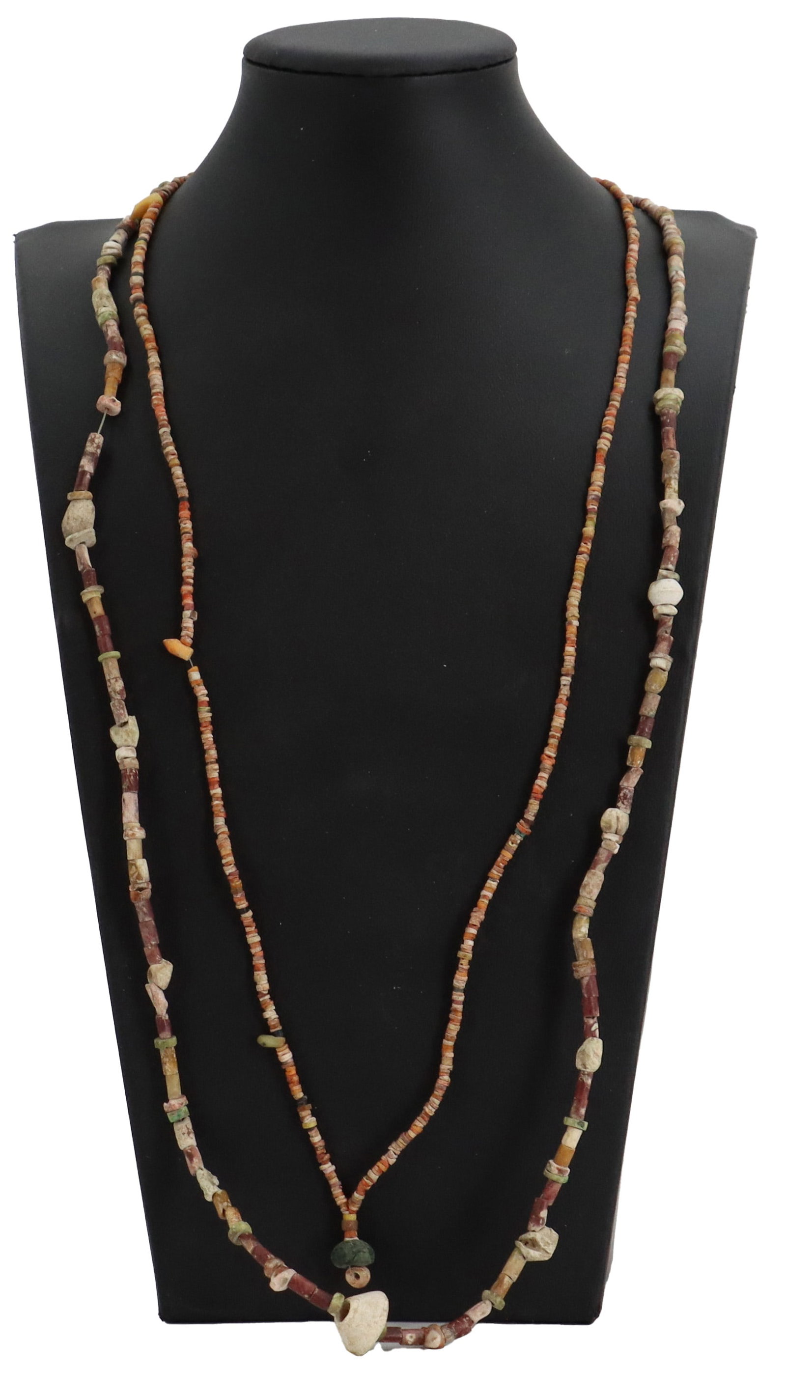 (2) Stone and Shell Necklaces: (2) Stone and Shell Necklaces. Features a diverse collection of organic and mineral beads, including weathered shells, smooth stones, and segments of red coral. The shorter inner strand is composed of