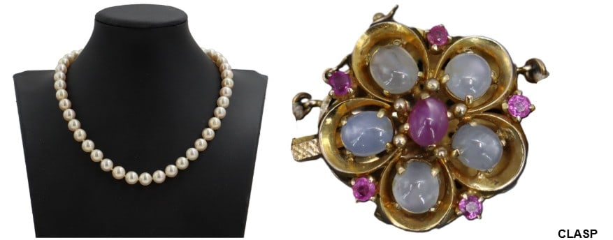 One Cultured Pearl Necklace With 14k Clasp and Sapphires: One Cultured Pearl Necklace With 14k Clasp and Sapphires. Approximately 9 mm sized pearls. Clasp has pink sapphires. Clasp marked 14k yellow gold. 44 pearls, pastel color. Length: 18 in.&nb