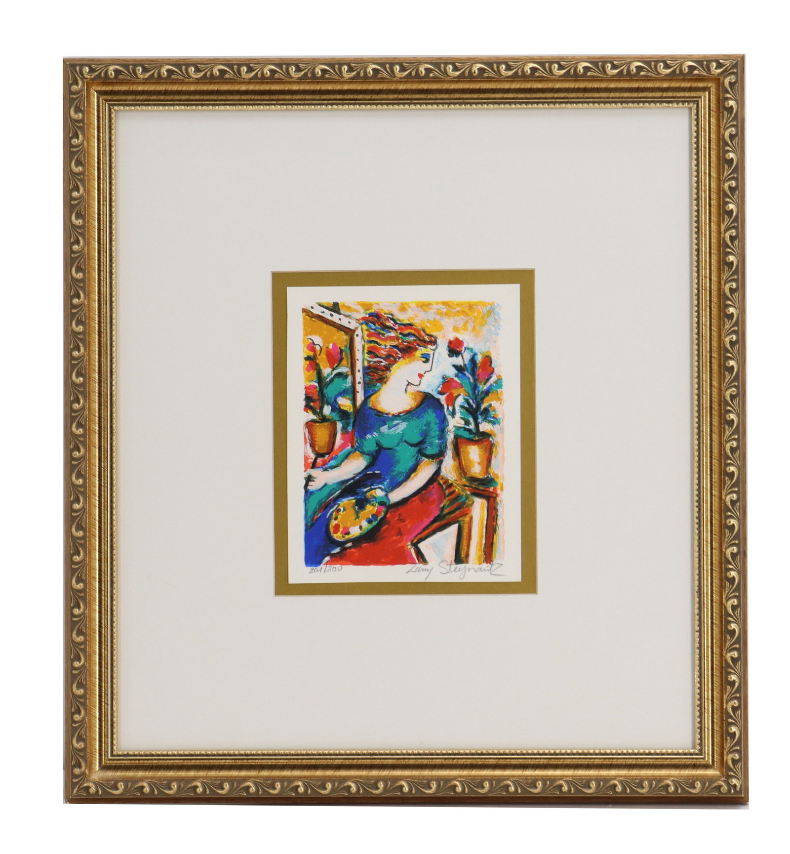 Zamy Steynovitz (1951-2000) Israeli, "La Pintora" Serigraph: Zamy Steynovitz (1951-2000) Israeli, "La Pintora" Serigraph. Depicts a woman with a brush and palette contemplating some flowers she's painting. Signed in pencil bottom right. Numbered 2