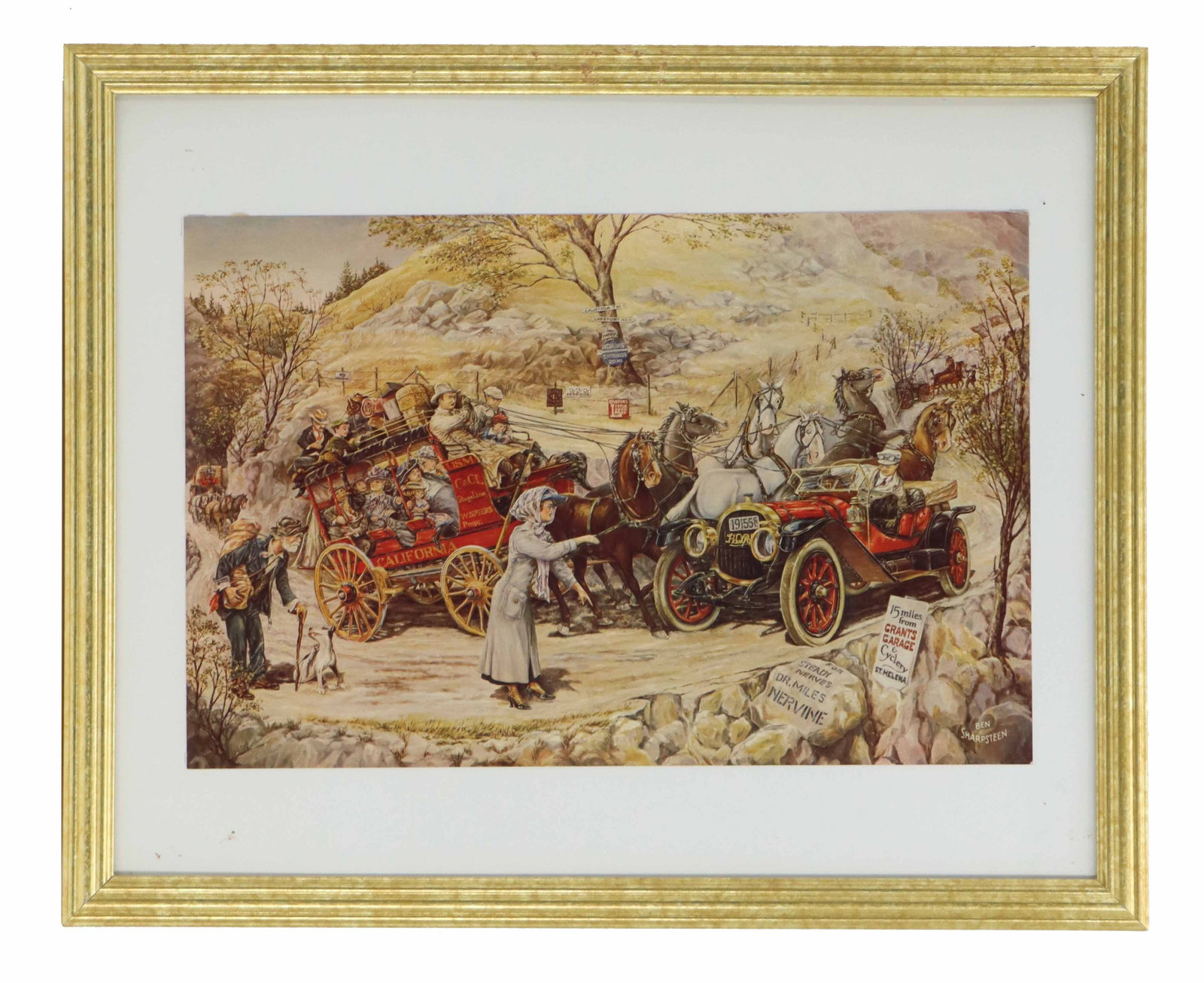 Benjamin Sharpsteen (1895-1980) American, Americana Lithograph: Benjamin Sharpsteen (1895-1980) American, Americana Lithograph. Depicting a tense encounter on a narrow mountain road where a red early-model automobile startles a team of horses pulling a crowded sta