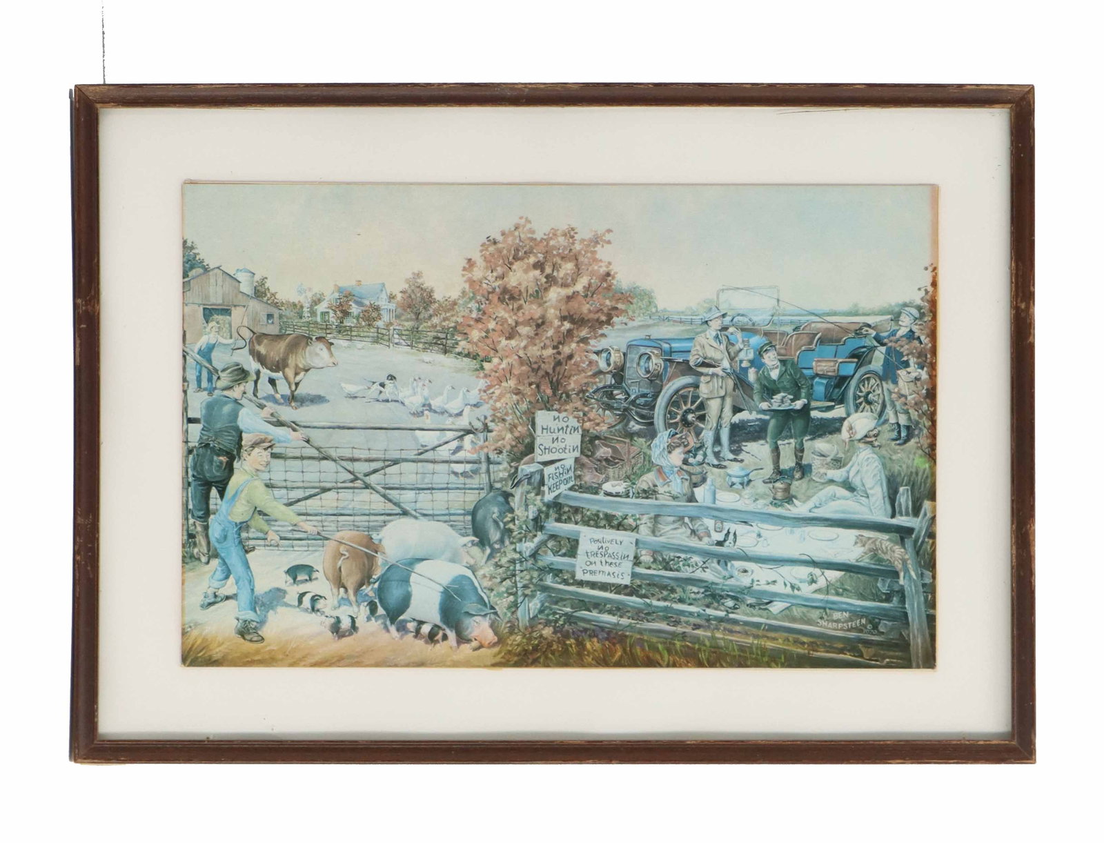 Benjamin Sharpsteen (1895-1980) American, Americana Lithograph: Benjamin Sharpsteen (1895-1980) American, Americana Lithograph. Depicting a group of travelers enjoying a sophisticated picnic beside their blue automobile, seemingly oblivious to the "No Tr