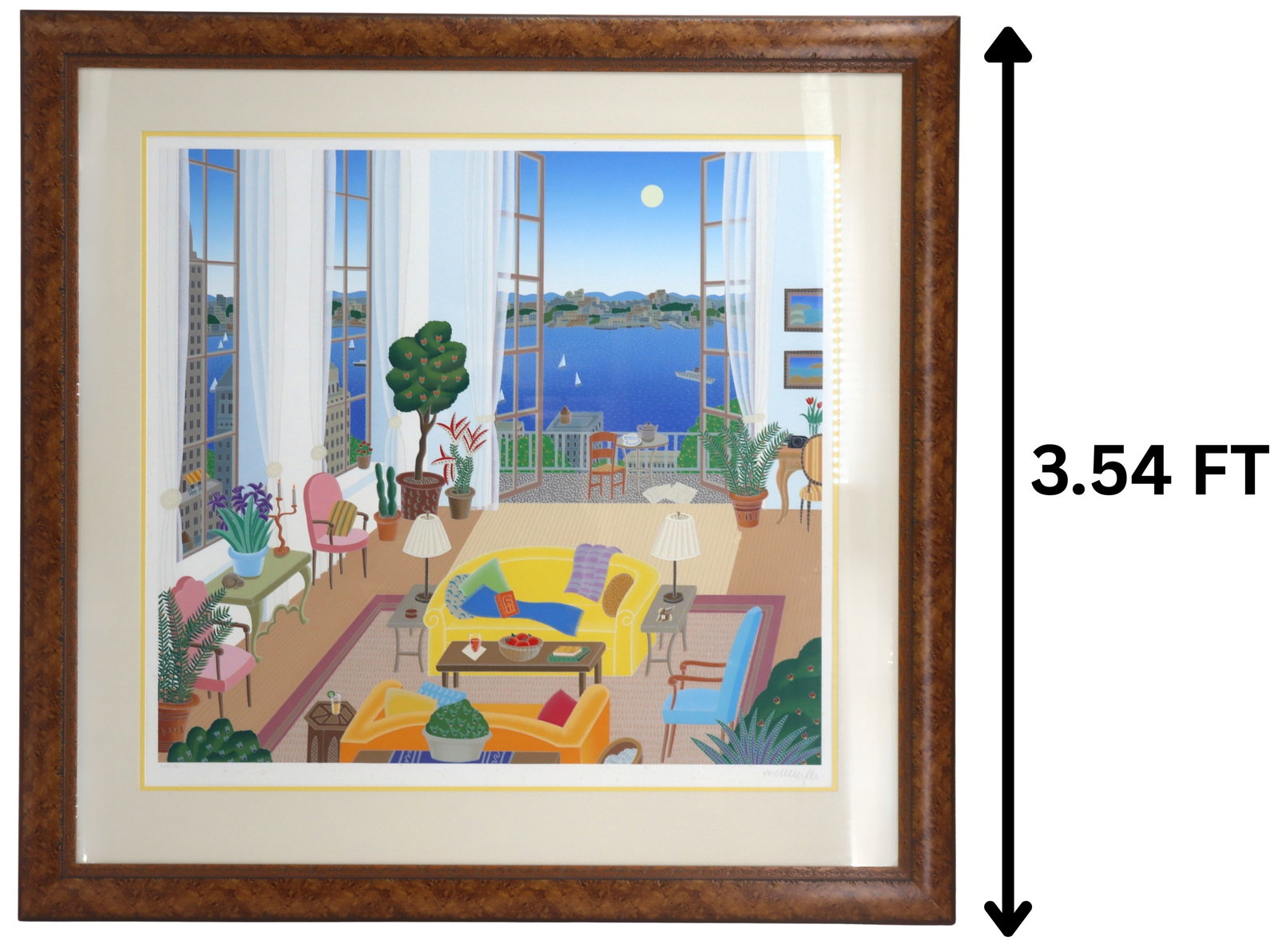Thomas McKnight (Born 1941) American, Limited Edition Serigraph: Thomas McKnight (Born 1941) American, Limited Edition Serigraph. Title: "Riverside Drive." Depicts a cozy living room with big windows revealing a bustling river in the distance. Signed