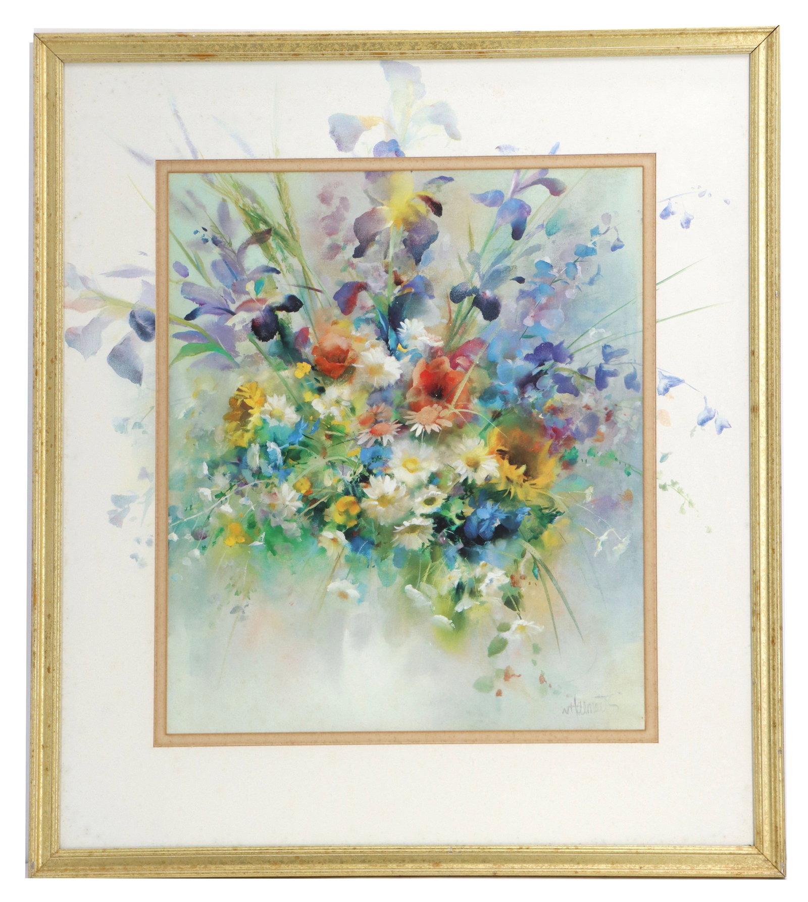 Willem Haenraets (20th/21st Century) Dutch, Watercolor Floral: Willem Haenraets (20th/21st Century) Dutch, Watercolor Floral. Watercolor painting featuring a vibrant, delicate bouquet of assorted wildflowers, including irises and daisies, rendered with a soft and