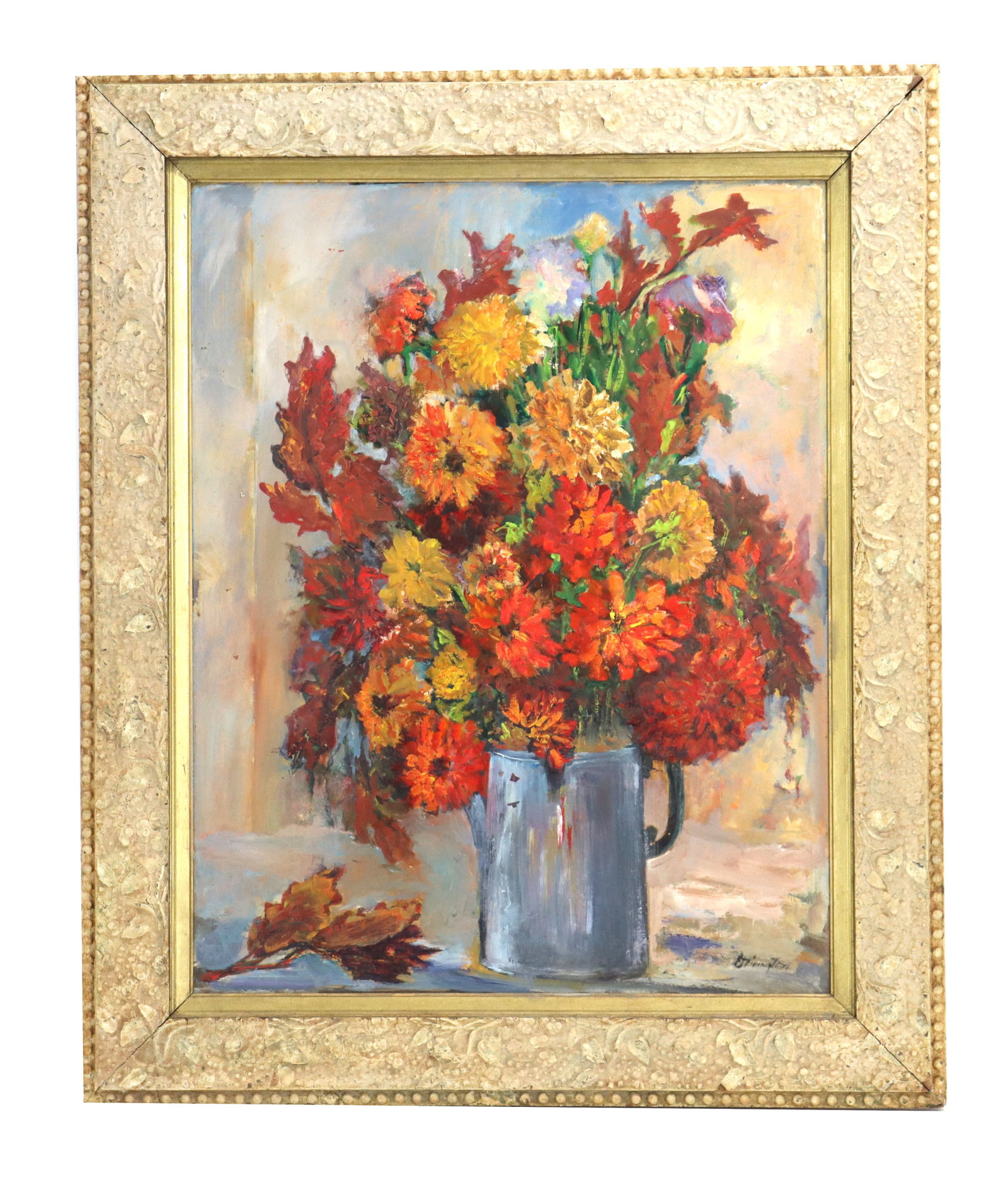 Signed Oil on Board Impressionist Floral: Signed Oil on Board Impressionist Floral. Oil painting depicting a vibrant autumn floral arrangement in a metal pitcher. Illegibly signed lower right. Framed. Overall Size: 29 1/4 x 35 1/2 in.Sight Si