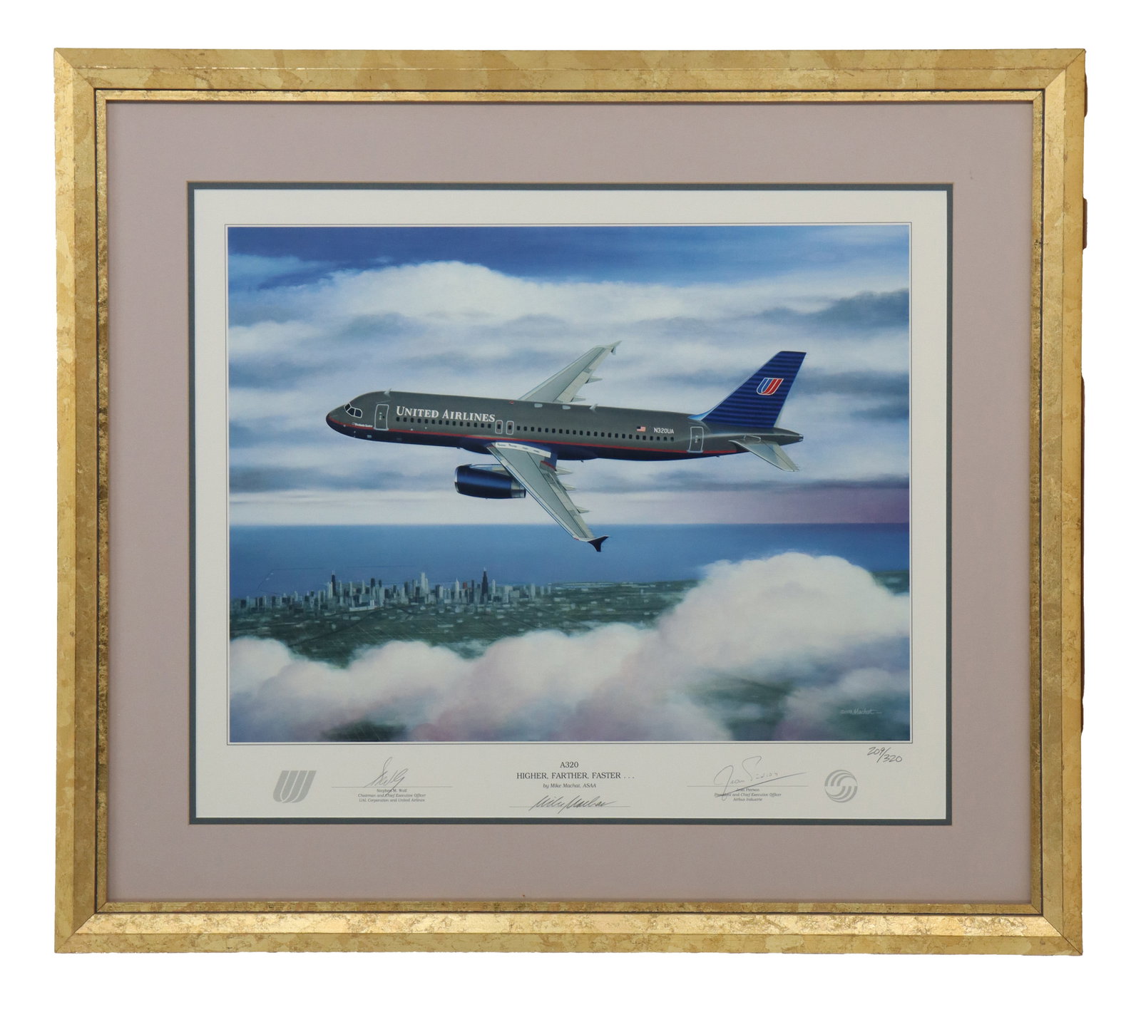 Mike Machat (Born 1944) American, Aviation Lithograph Print "Higher, Farther, Faster": Mike Machat (Born 1944) American, Aviation Lithograph Print "Higher, Farther, Faster". Aviation-themed print, titled "A320: Higher, Farther, Faster," depicts a United Airlines Airb
