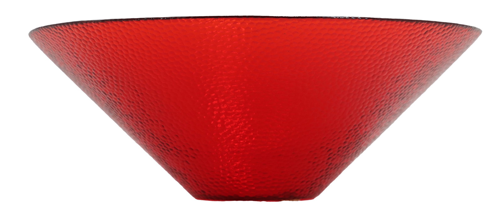 Textured Red Glass Center Bowl: Textured Red Glass Center Bowl. Vibrant red, cone-shaped glass bowl featuring a textured, hammered finish and a translucent, light-catching design. Size: 16 x 16 x 6 in. 