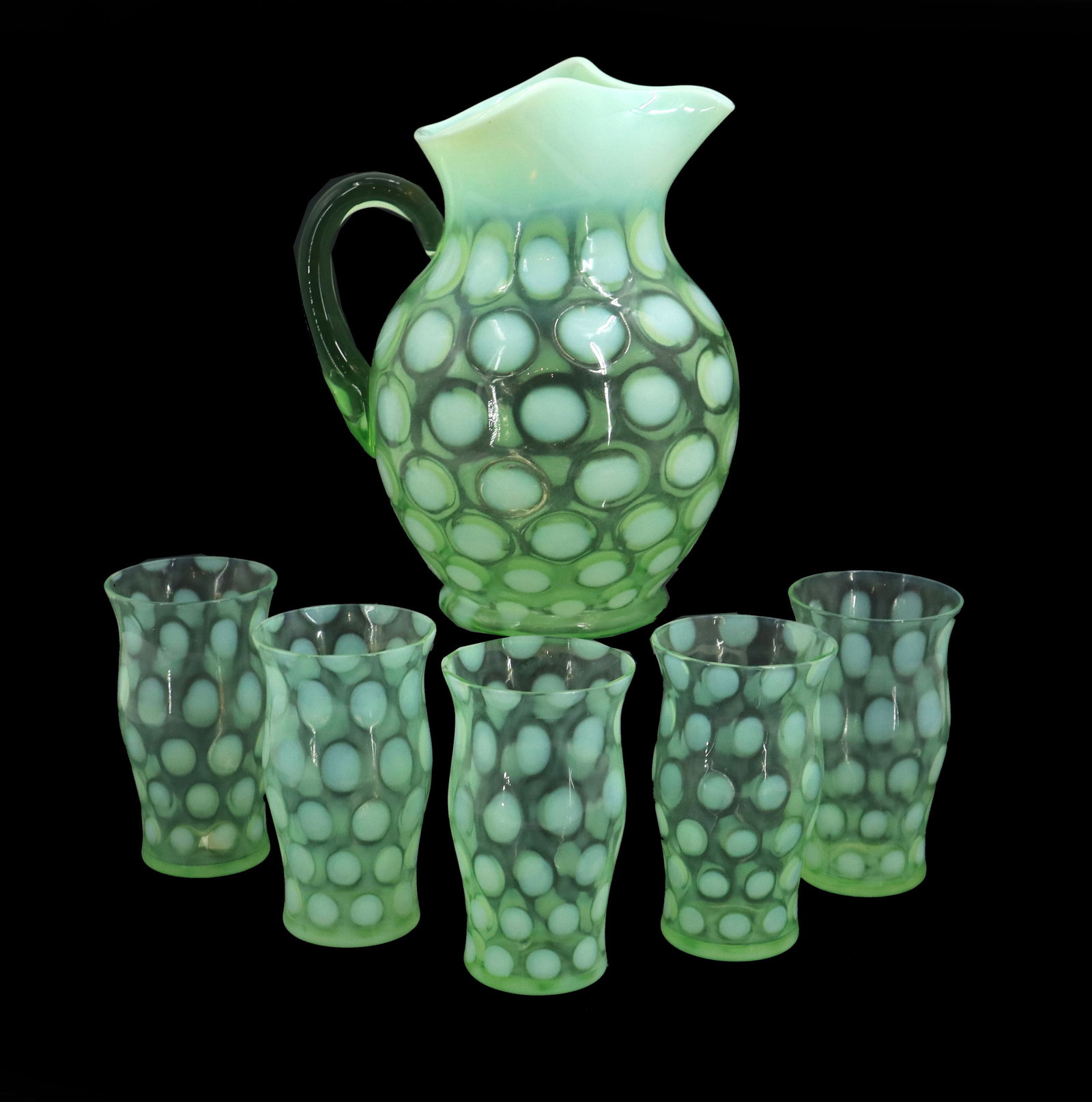 Fenton Green Opalescent Uranium Glass Dot Optic Pitcher and (5) Cups (1 of 16)