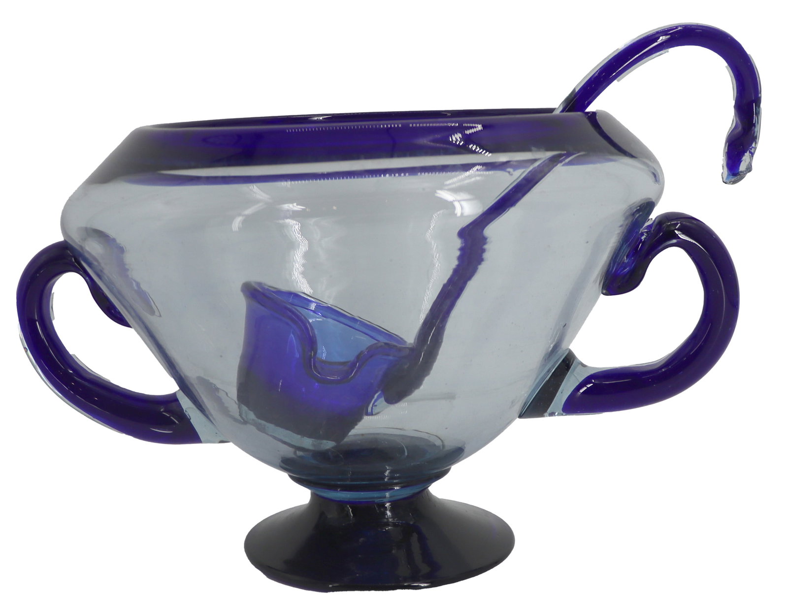 Vintage Art Deco Blown Glass Punch Bowl and Ladle: Vintage Art Deco Blown Glass Bowl and Ladle. Hand-blown art glass sugar bowl and matching ladle featuring a light blue transparent body accented by a deep cobalt blue rim, base, and handles
