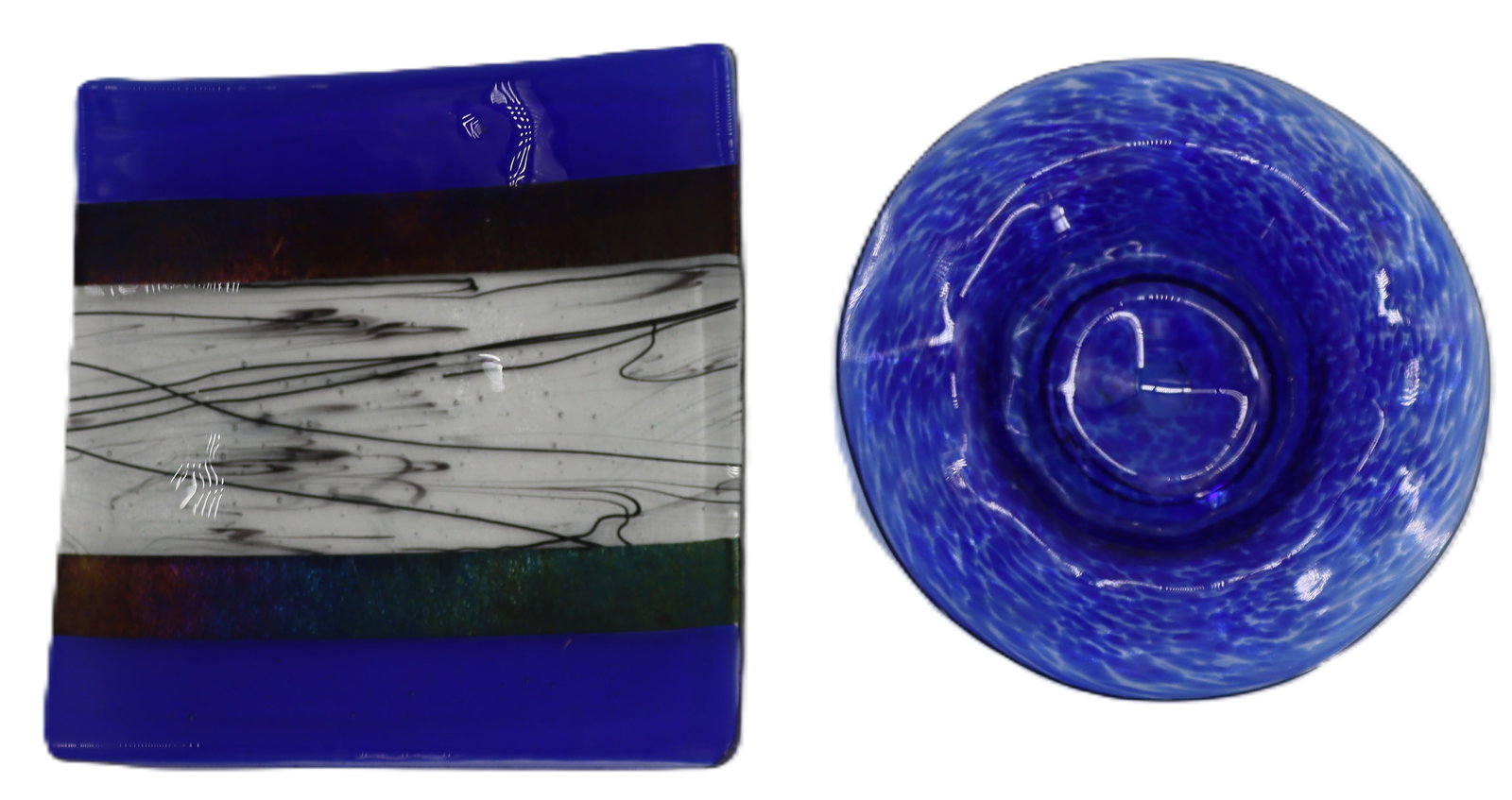 (2) Art Glass Decorative Pieces: (2) Art Glass Decorative Pieces. One square plate, one round bowl, both dominated by a beautiful cobalt blue. The square piece has black streaks in a clear area across the center. Square