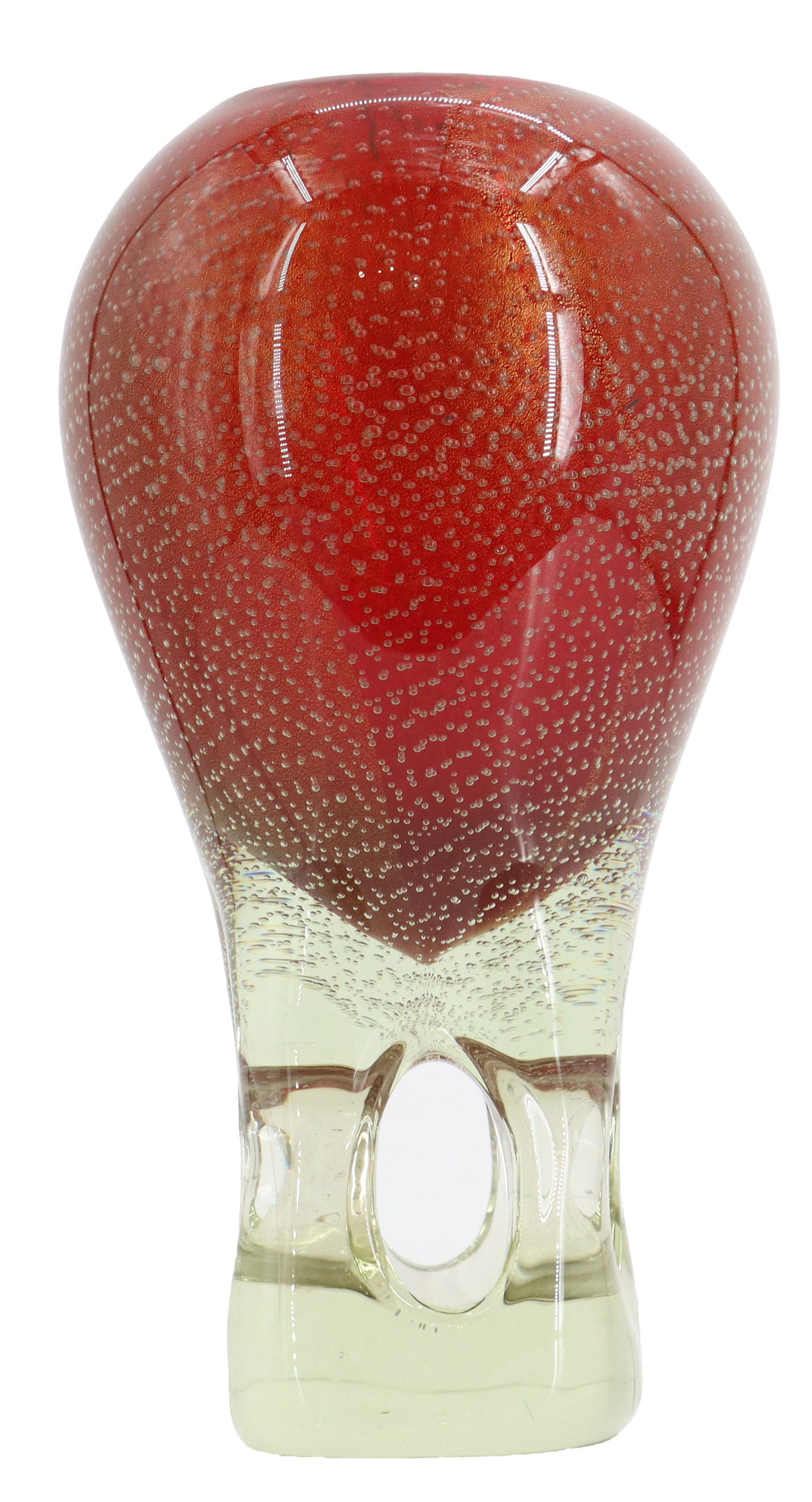 Mid Century Venetian Murano Style Bullicante Blown Controlled Bubble ARt Glass Vase: Mid Century Venetian Murano Style Bullicante Blown Controlled Bubble ARt Glass Vase. Bullicante-style art glass vase featuring a vibrant red interior encased in clear glass with controlled air