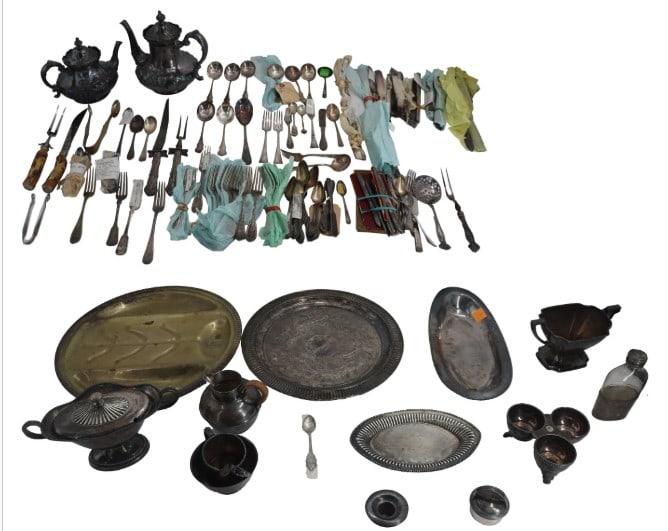 Extensive Collection of Miscellaneous Silverplated Serving Items: Extensive Collection of Miscellaneous Silverplated Serving Items. Extensive collection features an array of vintage and antique silver-plated tableware, ranging from a complete ornate flatware service