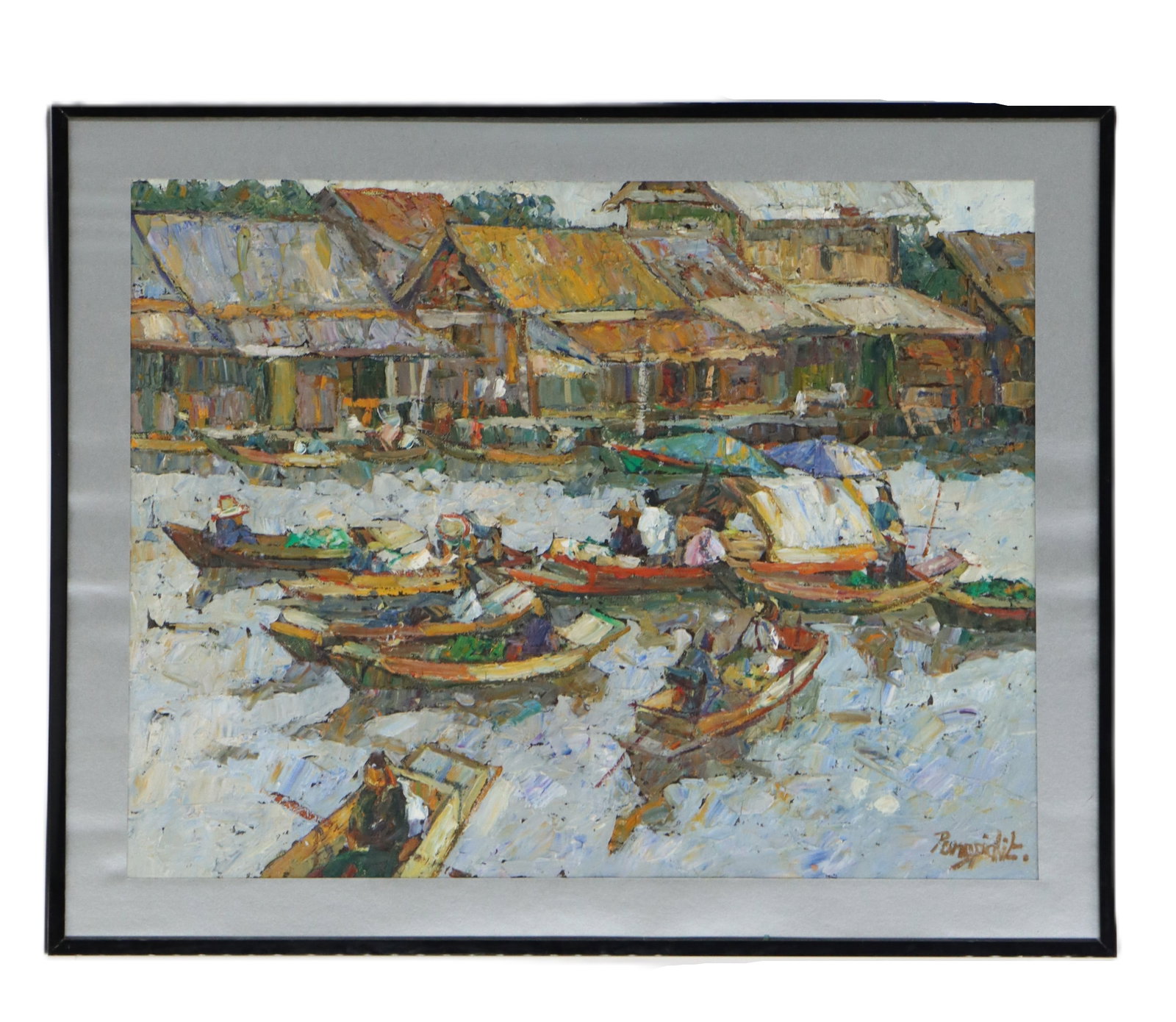 Signed Thai Floating Market Riverscape Oil on Board: Signed Thai Floating Market Riverscape Oil on Board. Depicts a series of closely linked huts and shacks along a river, where numerous boats jockey for position, carrying their wares to and from the ma