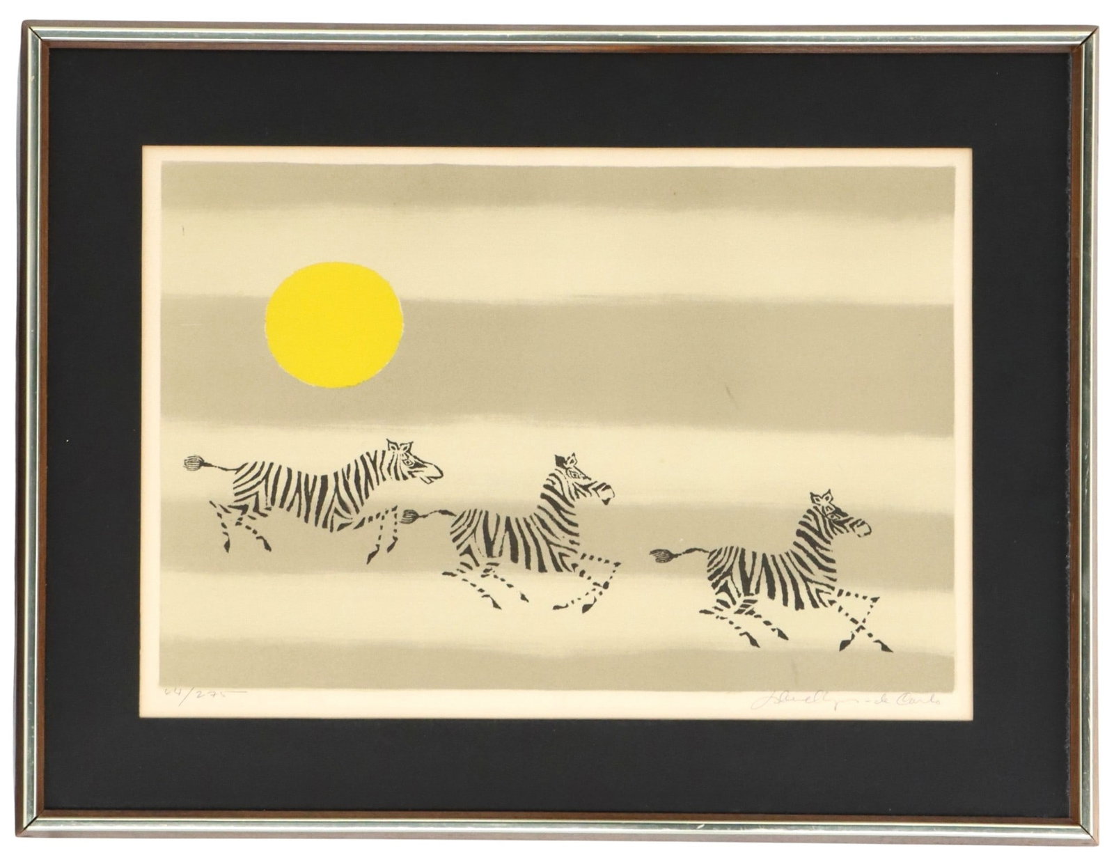 Keith Llewellyn DeCarlo (1925-1981) American, Limited Edition Wildlife Lithograph Print "Zebras": Keith Llewellyn DeCarlo (1925-1981) American, Limited Edition Wildlife Lithograph Print "Zebras". Lithograph print with three stylized zebras in mid-gallop against a background of broad grey