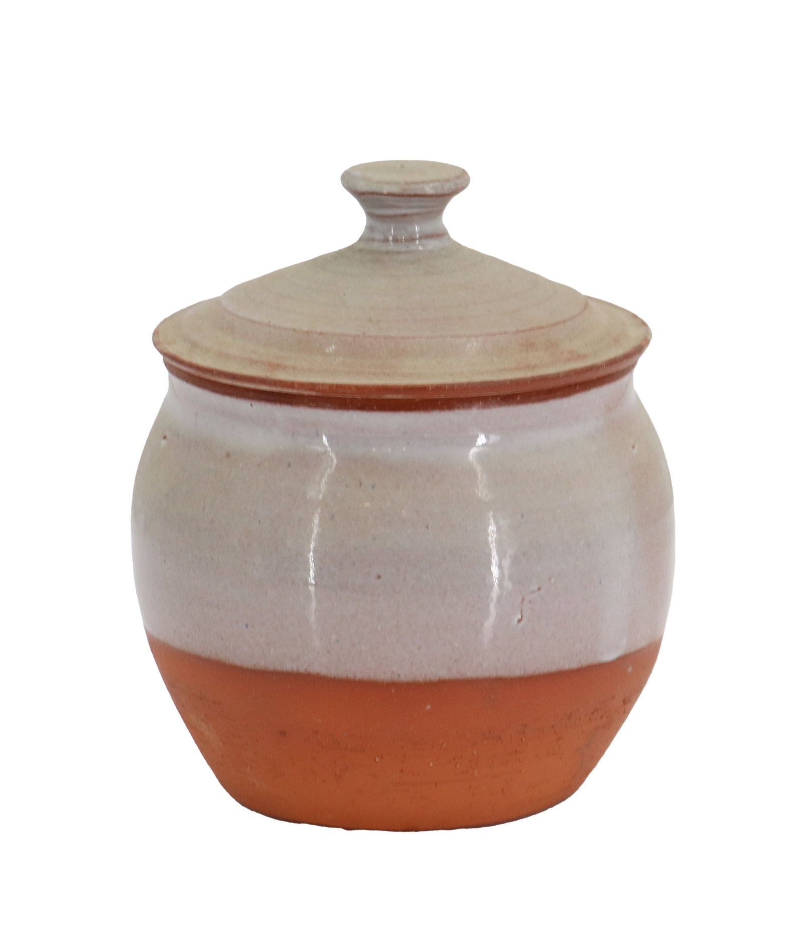 Charles Counts (1934-2000) American, Orange and White Controlled Glaze Ceramic Jar: Charles Counts (1934-2000) American, Orange and White Controlled Glaze Ceramic Jar. Classic shape, with a precise lined white top that continues into the interior under the similarly glazed lid, and a