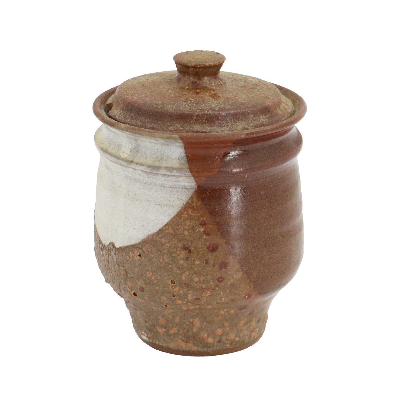 Charles Counts (1934-2000) American, Signed Speckled Craquelure Glaze Ceramic Jar: Charles Counts (1934-2000) American, Signed Speckled Craquelure Glaze Ceramic Jar. A clever mix of white and brown tones that appear to overlap on the sides, with a removable lid that has a similar mu
