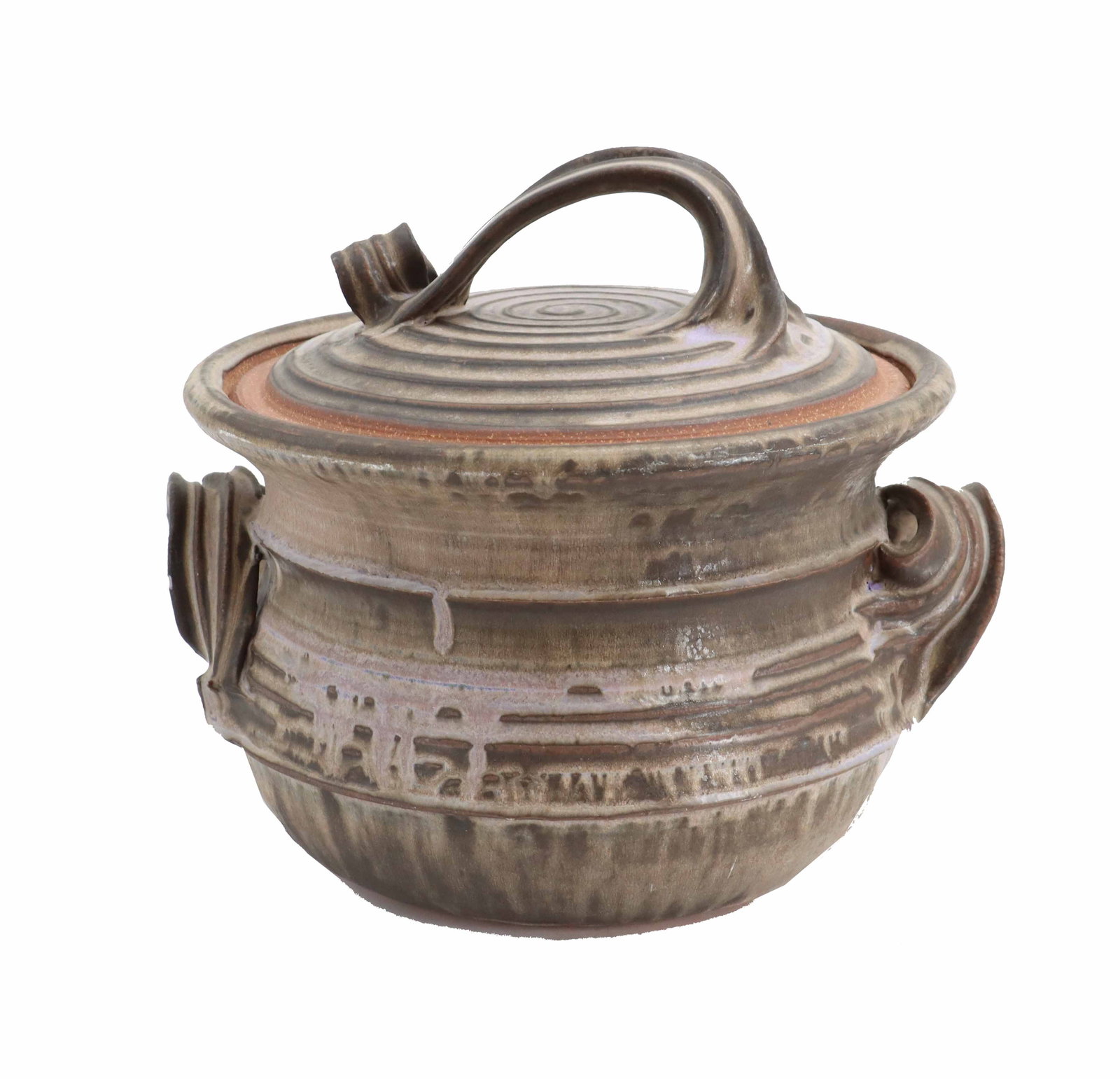 Bill Sax (Born 1934) American, Flameware Ceramic Lidded Pot: Bill Sax (Born 1934) American, Flameware Ceramic Lidded Pot. His unique swirling handles and spiral patterns with an uncontrolled glaze make this an exquisite example of his work. Signed and marked &q