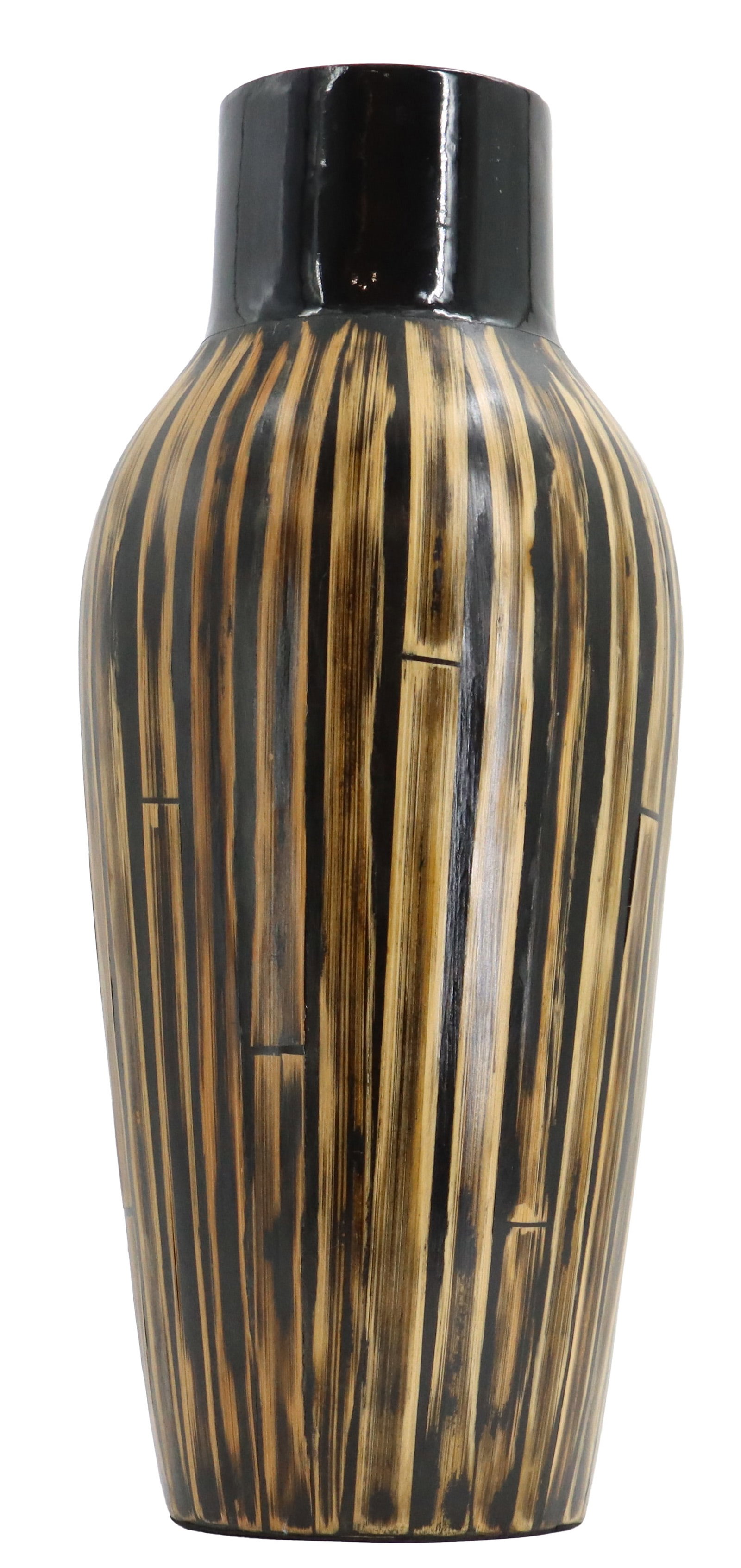 Ceramic Enameled Bamboo Themed Vase: Ceramic Enameled Bamboo Themed Vase. The elegant simple shape is solid enameled black on the neck with a matted rim, and the body has been decorated with parallel strips of lacquered ba
