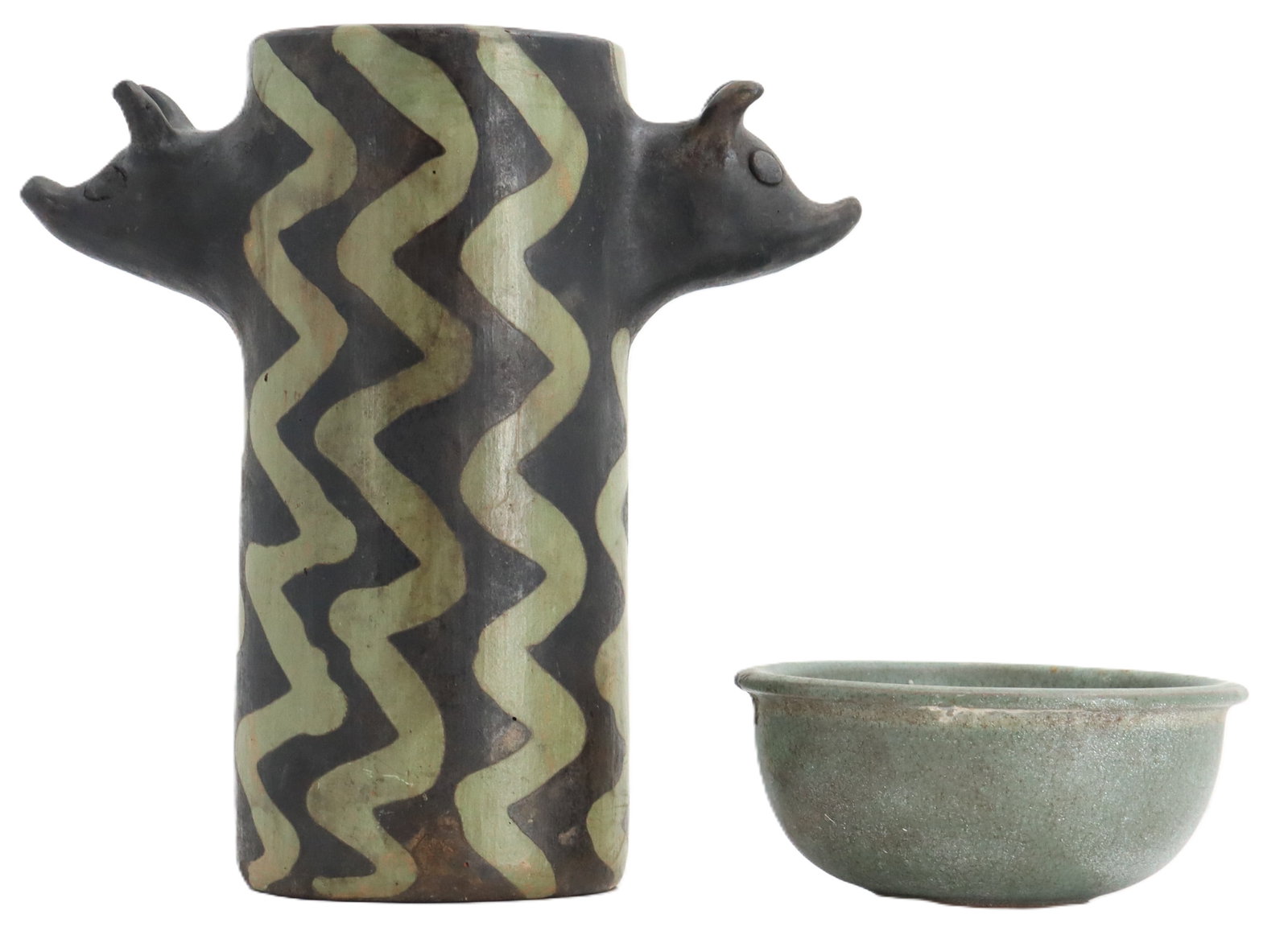 (2) Handmade Ceramic Pieces, Vase with Animal Head Handles and Bowl (1 of 20)