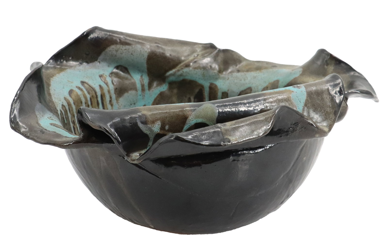 Michele Redwine (Born 1943) American, Glazed Art Pottery Center Bowl: Michele Redwine (Born 1943) American, Glazed Art Pottery Center Bowl. Abstractly shaped into the form of a flower with a striking drip glaze over the middle. Signed and dated "Redwine 2
