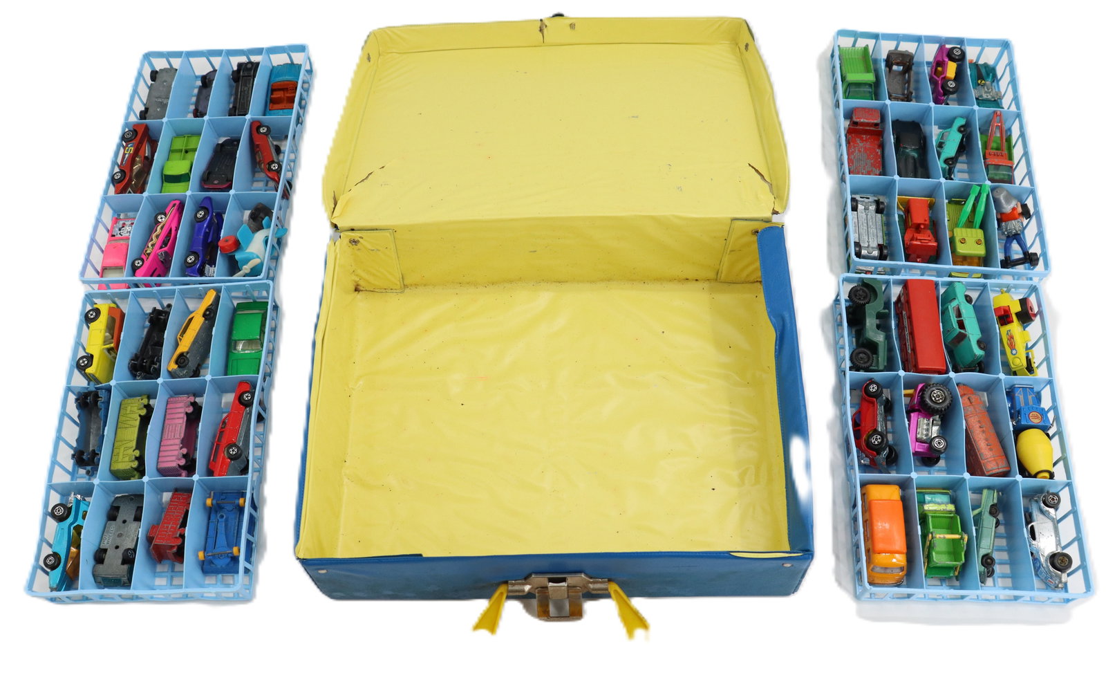 Vintage Lesney Matchbox Carry Case with 48 Die Cast Cars: Vintage Lesney Matchbox Carry Case with 48 Die Cast Cars. Vintage carrying case features a vibrant blue exterior and a bright yellow interior, designed with four removable blue plastic trays per