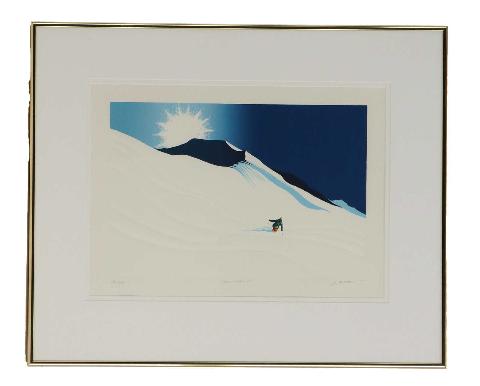 Len Gibbs (1929-2010) Canadian, Limited Edition Serigraph: Len Gibbs (1929-2010) Canadian, Limited Edition Serigraph. Depicts a lone figure in a vast snowy expanse skiing fast away alongside the peaks of a mountain as the sun peeks over them. Signed in pencil