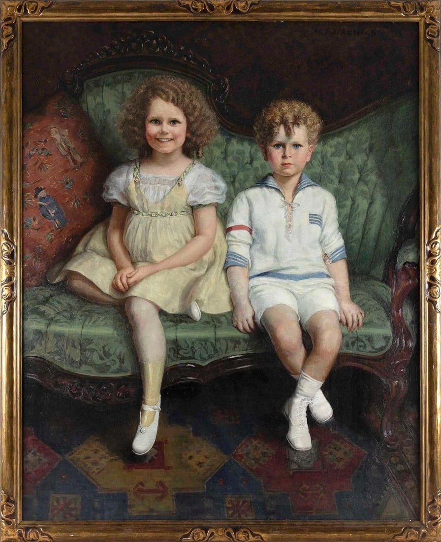 Mary Louise Fairchild MacMonnies Low (1858-1946) American, Oil on Canvas, Portrait of Two Children (1 of 6)