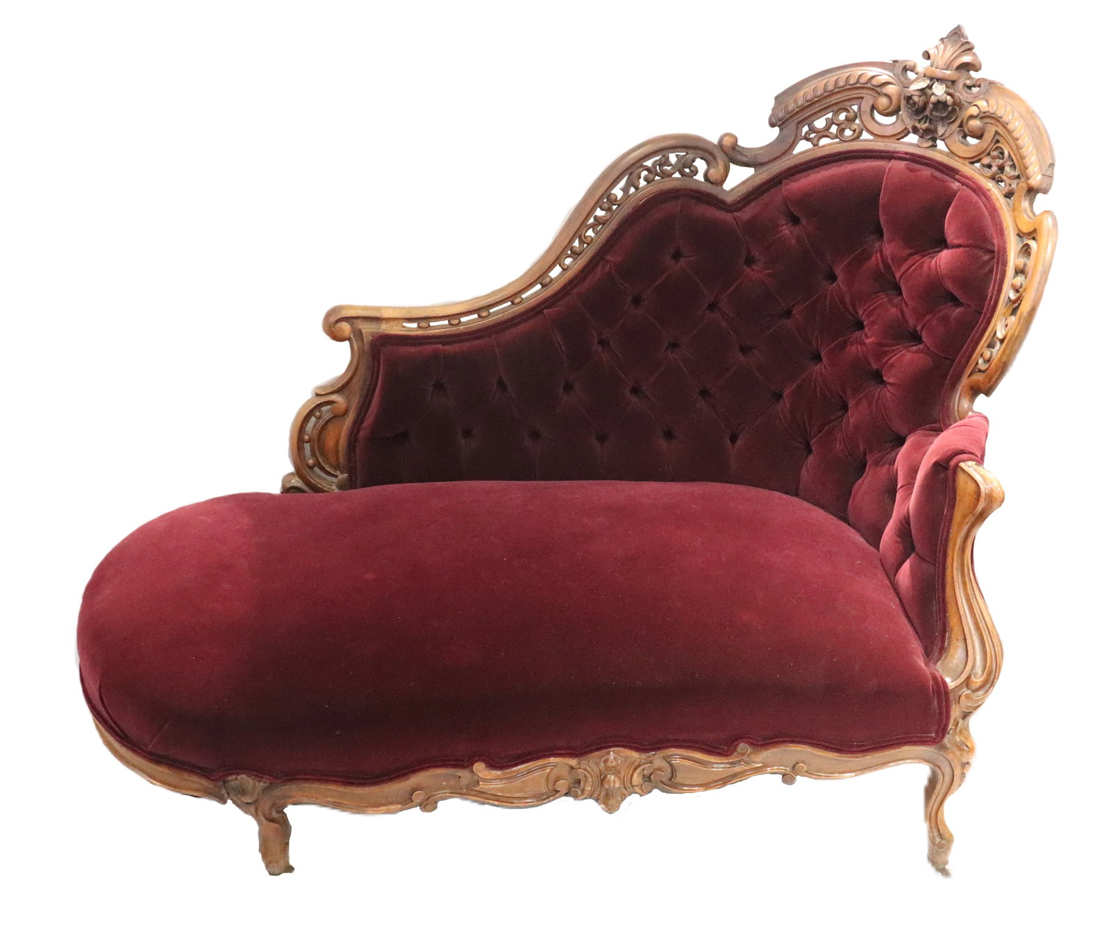 Rococo Revival Burgundy Velvet Chaise Lounge on Casters in the Style of J & J.W. Meeks:  Rococo Revival Burgundy Velvet Chaise Lounge on Casters in the Style of J & J.W. Meeks Size: 25 1/2 x 41 x 47 1/2 in. Baroque is an ornate, dramatic, and theatrical style of art, archi