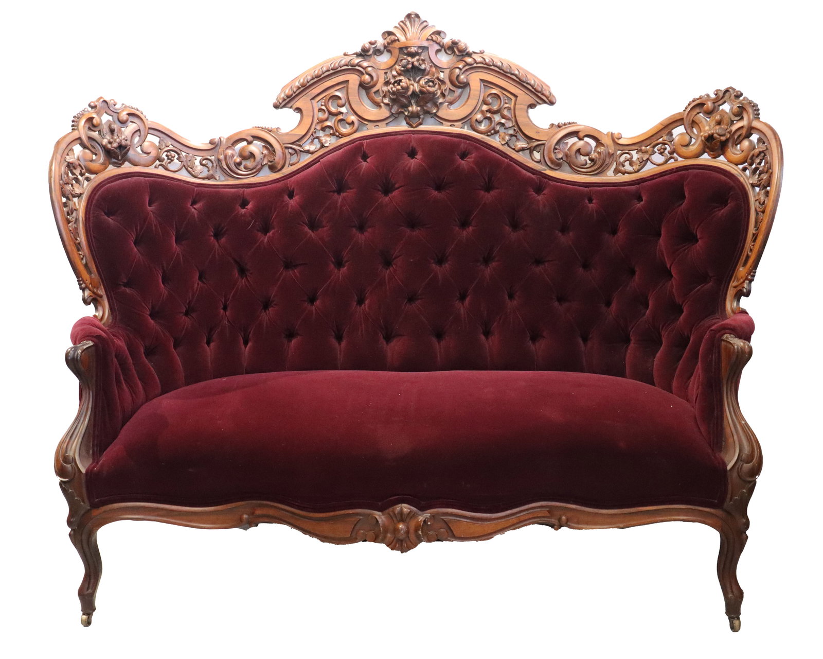 J.&J.W. Meeks "Hawkins" Rococo Revival Burgundy Velvet Love Seat with Casters (1 of 17)