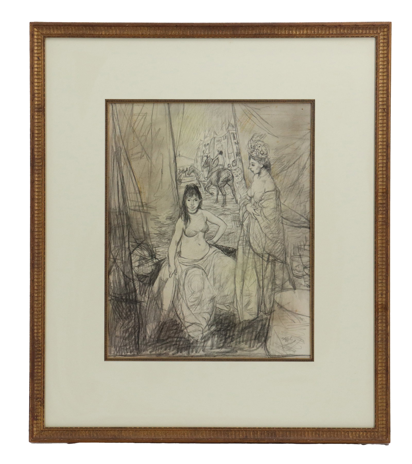 Ben Stahl (1910-1987) American, Signed Original Charcoal Drawing: Ben Stahl (1910-1987) American, Signed Original Charcoal Drawing. Depicts two women in scant clothing acting as circus performers, sitting in a tent with a clown and man on horseback traversing a
