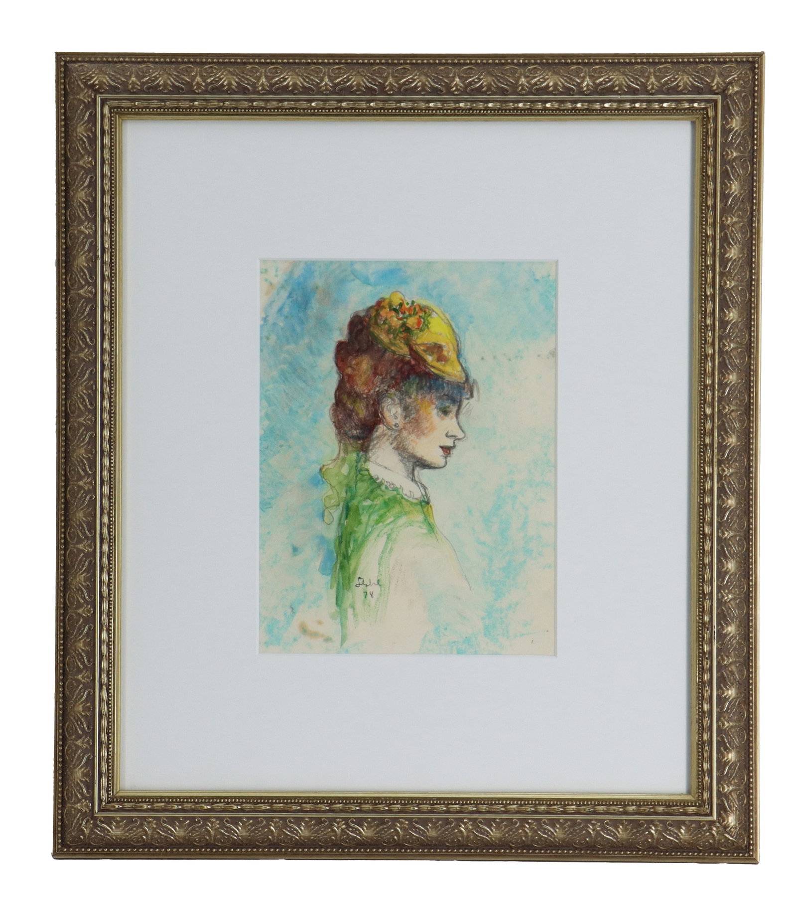 Ben Stahl (1910-1987) American, Profile Portrait Mixed Media on Paper: Ben Stahl (1910-1987) American, Profile Portrait Mixed Media on Paper. Depicts the right side of a brown-haired woman in a flower-covered yellow hat and green dress, her torso incomplete, with bl