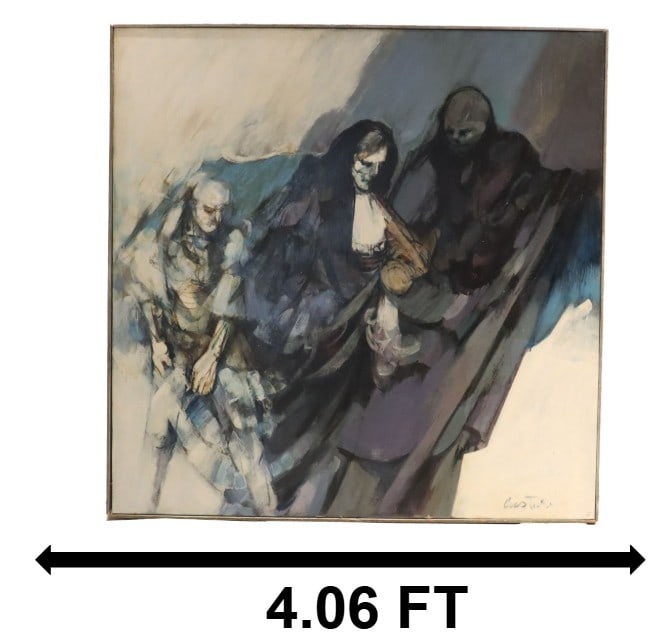 Fiore Custode (1934-2015) American, Large Oil on Board Figural Abstract: Fiore Custode (1934 – 2015) American, Oil on Board Figural Abstract. Expressive, mid-century figurative painting depicts three somber, ethereal figures rendered in a muted palette of blues, purp