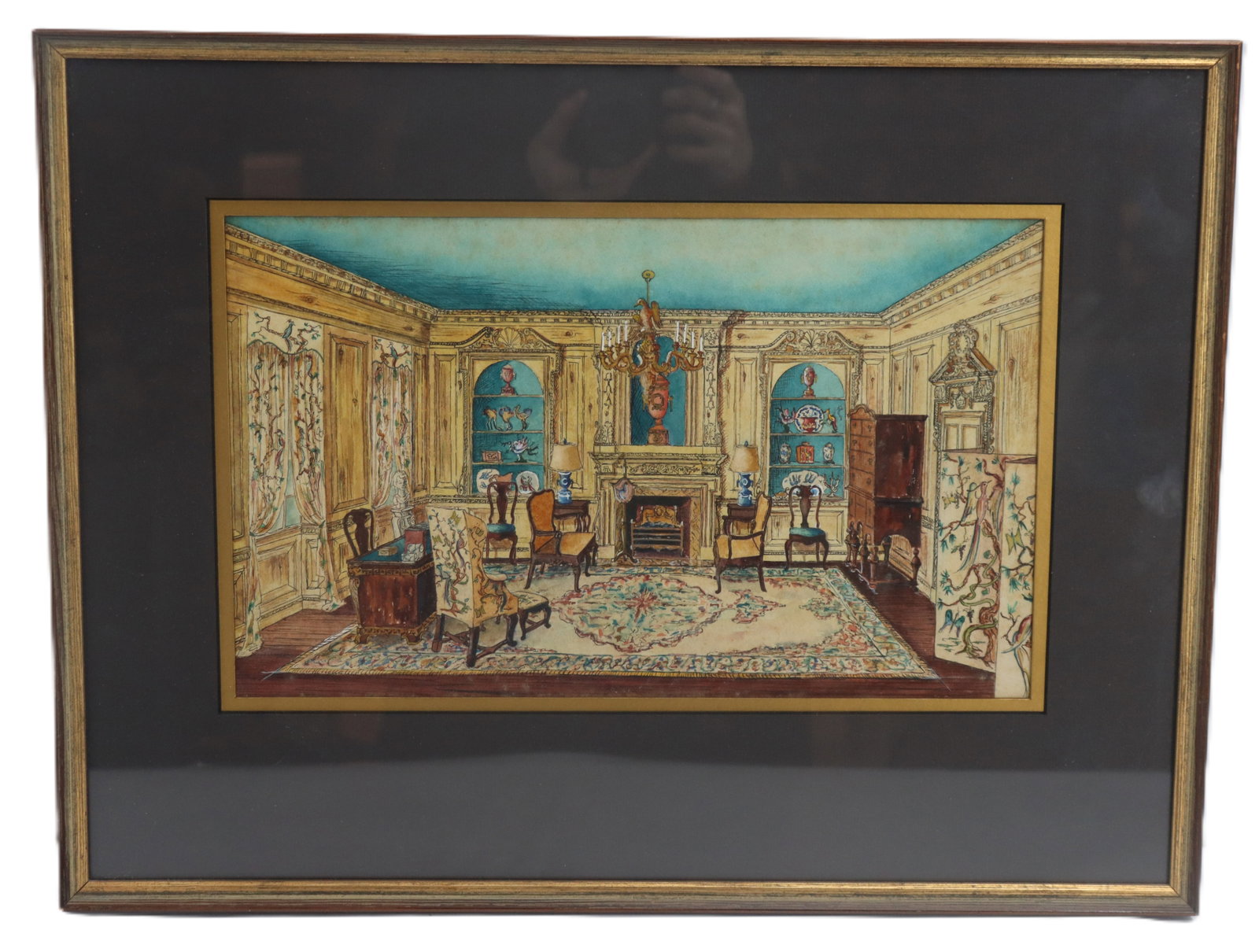 Charles Bradley (1925-2001) American, Architectural Interior Illustration: Charles Bradley (1925-2001) American, Architectural Interior Illustration. Ink and watercolor, depicting a highly opulent room with striking blue hues, most likely from the Ca D'Zan in Sarasota, F