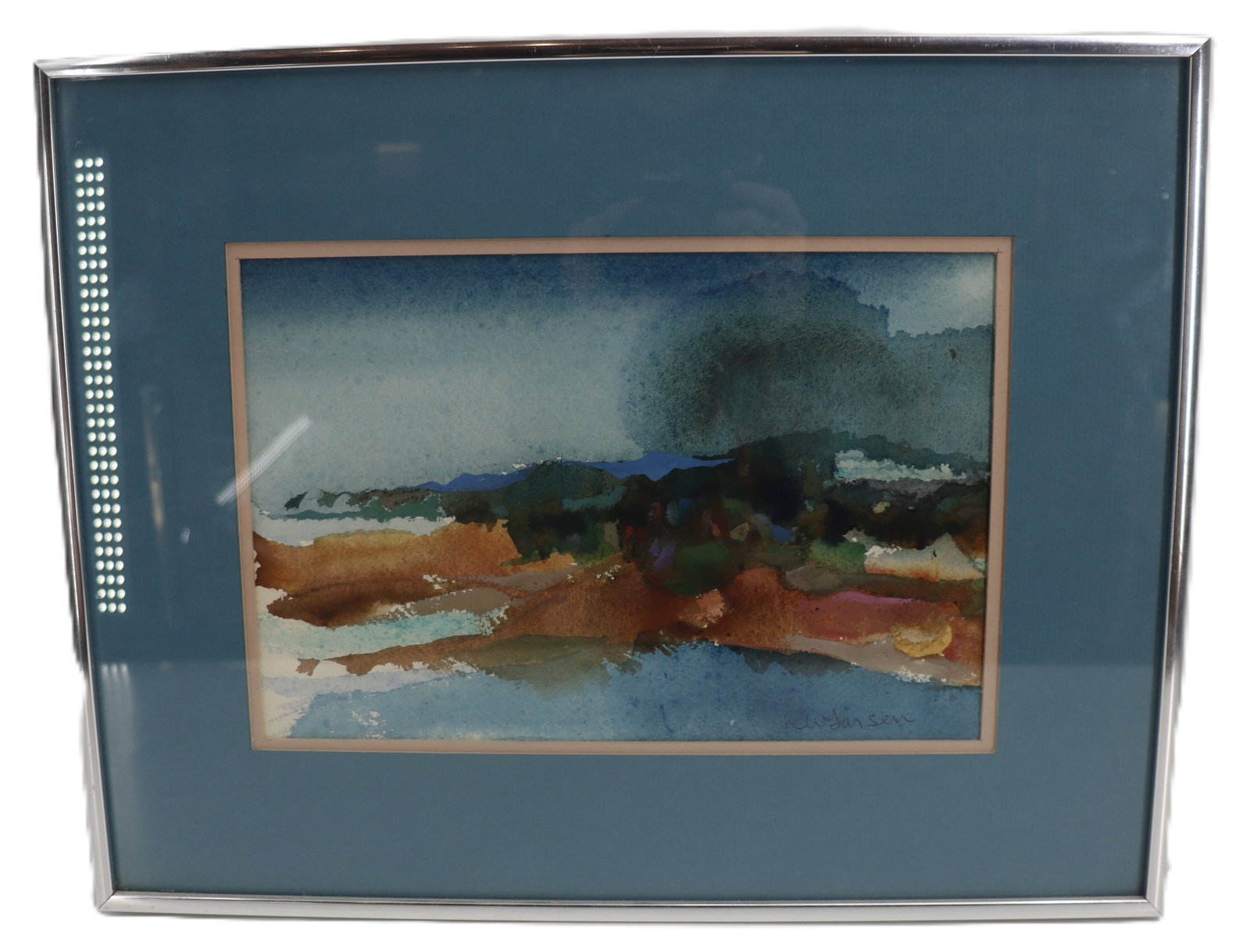 Robert Larsen (1923-2002) American, Abstract Beachscape Watercolor: Robert Larsen (1923-2002) American, Abstract Beachscape Watercolor. Framed and signed in pencil bottom right. Overall Size: 14 1/4 x 18 1/4 in. Sight Size: 7 3/4 x 11 3/4 in. Ro