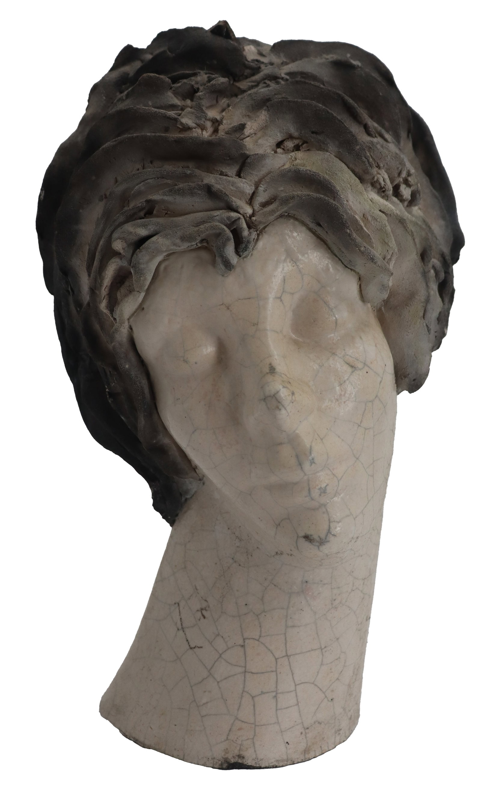 Bernard Rosenberg (1949-2025) American, Abstract Ceramic Bust Sculpture: Bernard Rosenberg (1949-2025) American, Abstract Ceramic Bust Sculpture. The face and neck is glazed and craquelar, while the hair is coarse and dark for contrast. Size: 7 x 6 x 13 in. 