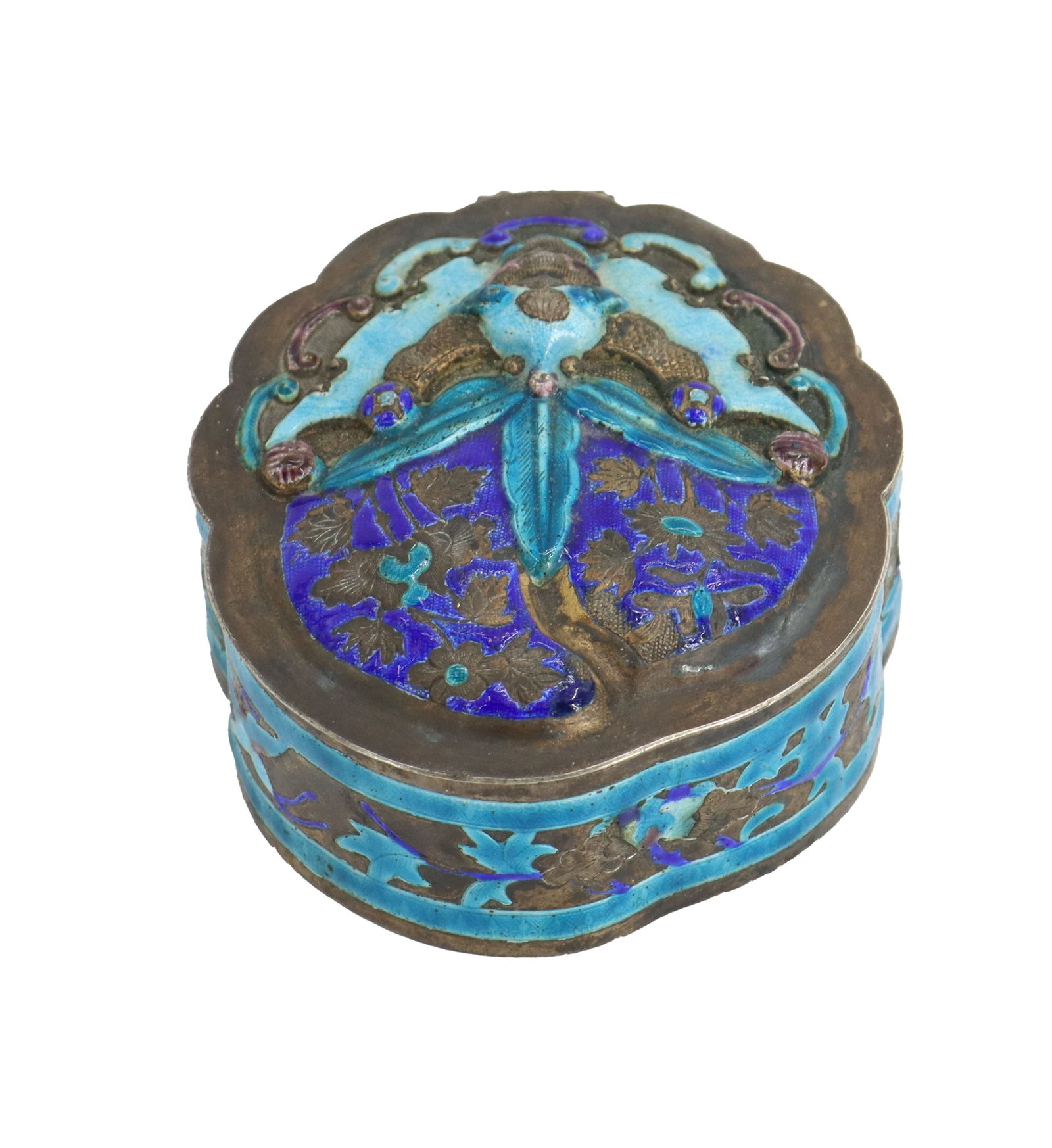 Antique Imperial Qing Dynasty Silver Gilt Enameled Ladies Travel Trinket Box: Antique Imperial Qing Dynasty Silver Gilt Enameled Ladies Travel Trinket Box. Small, ornate metal lidded box, likely of Chinese origin, featuring vibrant blue and turquoise cloisonné or chample