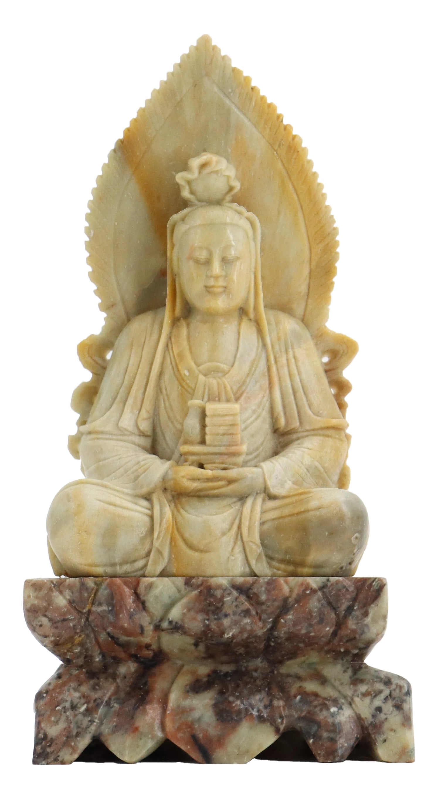 Chinese Soapstone Carving of Seated Guanyin: Chinese Soapstone Carving of Seated Guanyin. Carved soapstone figure of a seated deity, possibly Guanyin, positioned before a mandorla and resting on a multi-toned, stylized lotus blossom base. Size:&