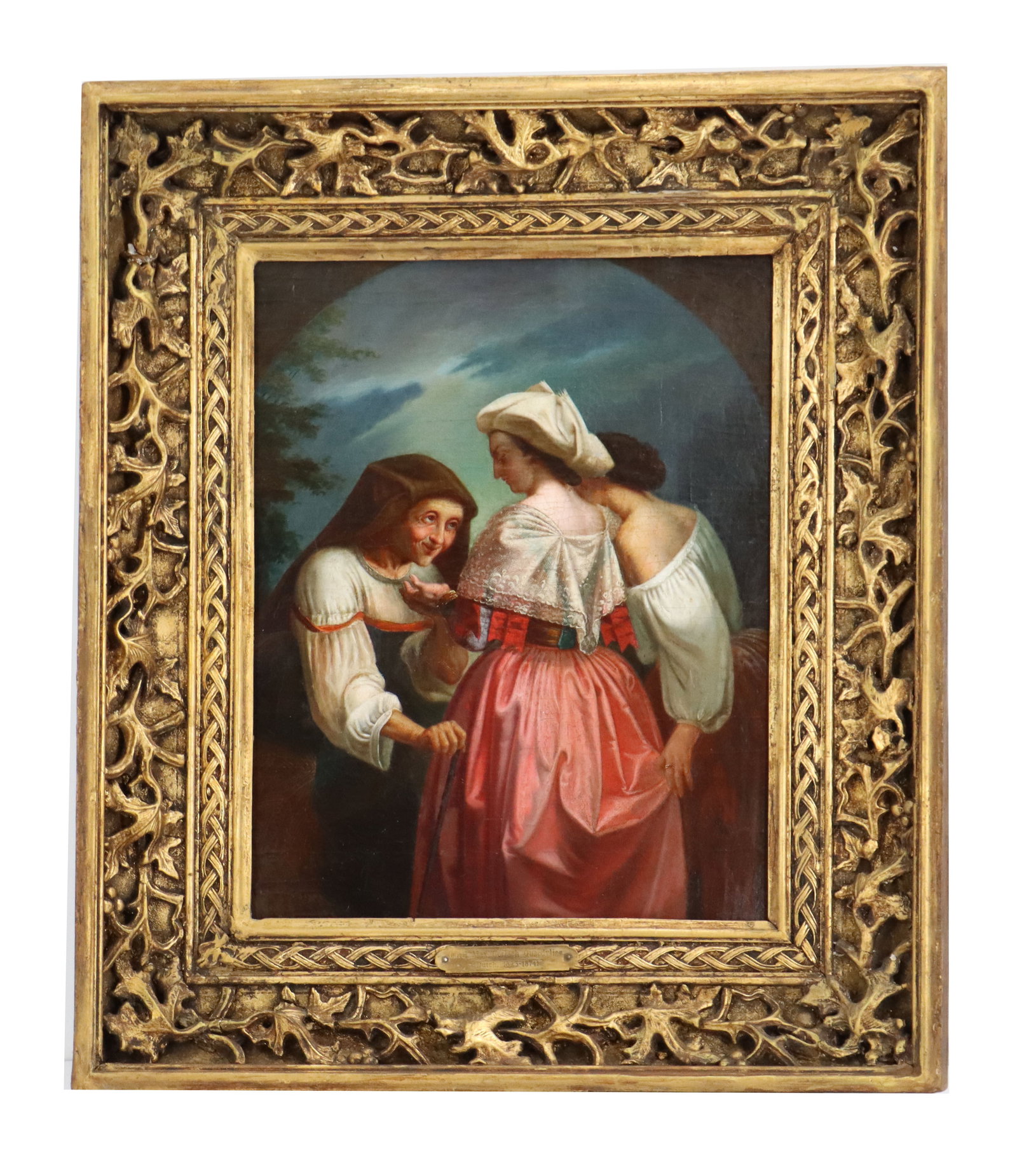 After Charles Quaedvlieg (1823-1874) Dutch, Oil on Canvas Figural Genre Painting: After Charles Quaedvlieg (1823-1874) Dutch, Oil on Canvas Figural Genre Painting. A classical oil painting depicting a fortune teller reading the palm of a young woman in a pink dress, presented.