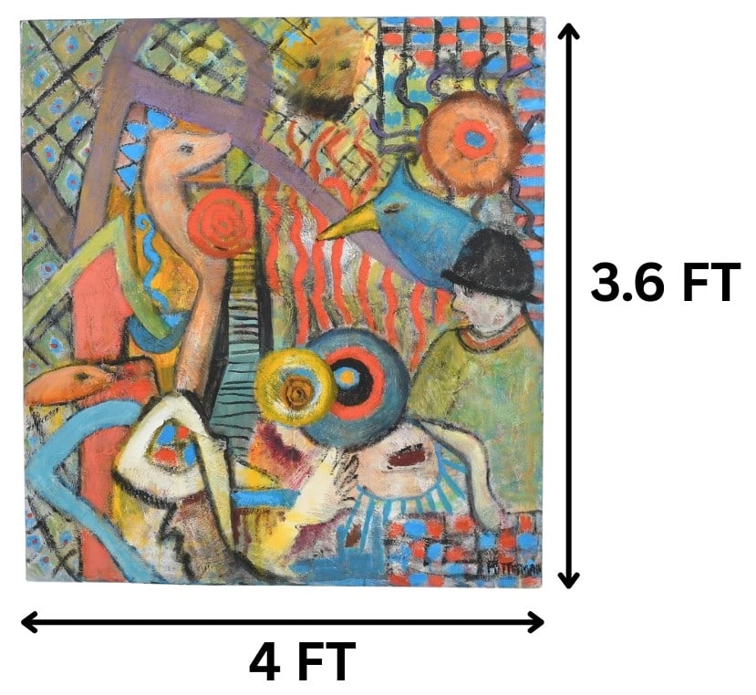 Florence Grace Putterman (1927-2021) American, Acrylic and Sand on Canvas: Florence Grace Putterman (1927-2021) American, Acrylic and Sand on Canvas. Titled on reverse "Allusive Metaphors VI". Signed in the lower right. Blue bird with a figure wearing a black hat,