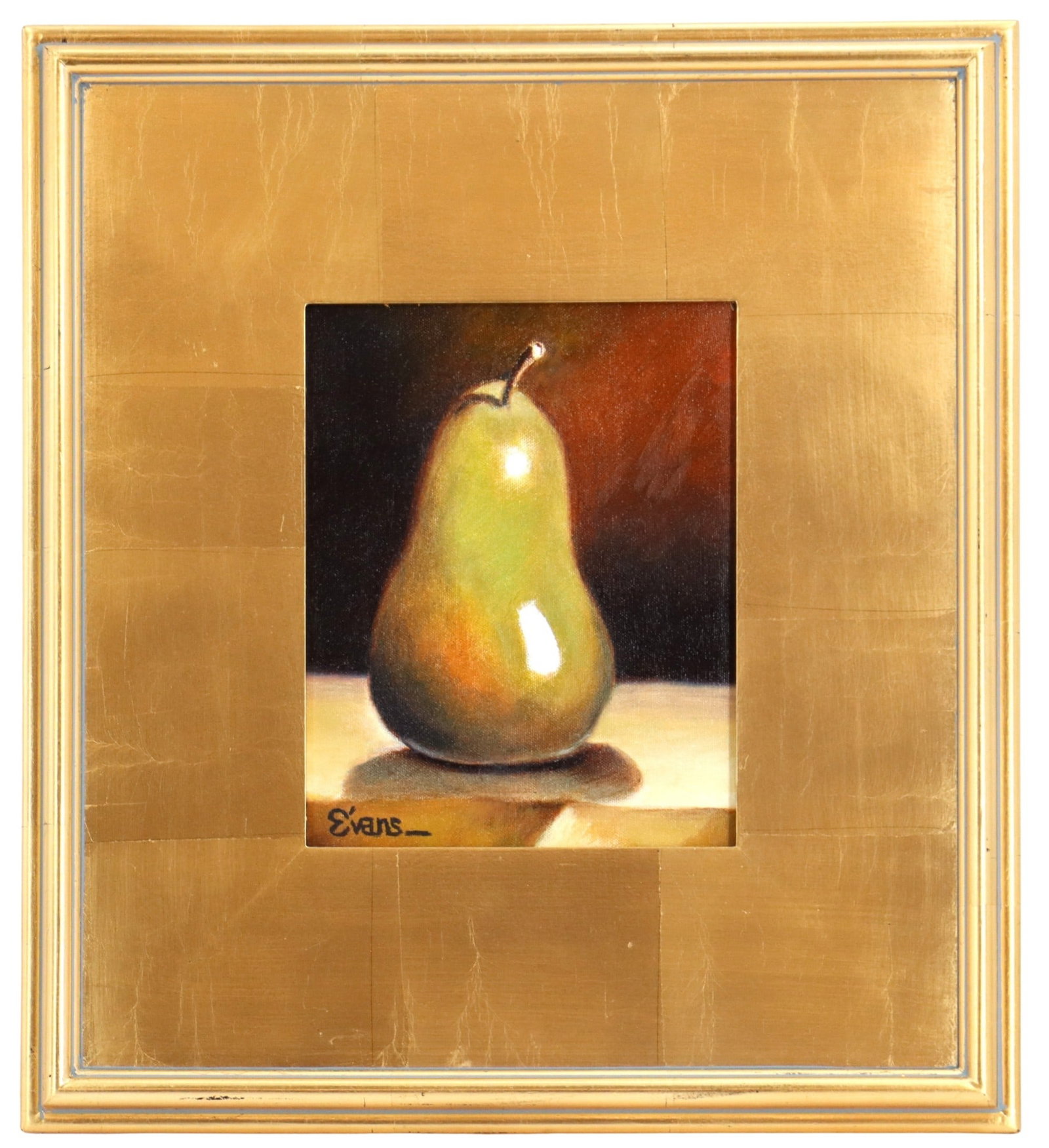 Chip Evans (20th/21st Century) American, Oil on Canvas Still Life "Golden Pear": Chip Evans (20th/21st Century) American, Oil on Canvas Still Life "Golden Pear". Realistic still-life oil painting of a single green pear with warm orange highlights, signed "Evans"