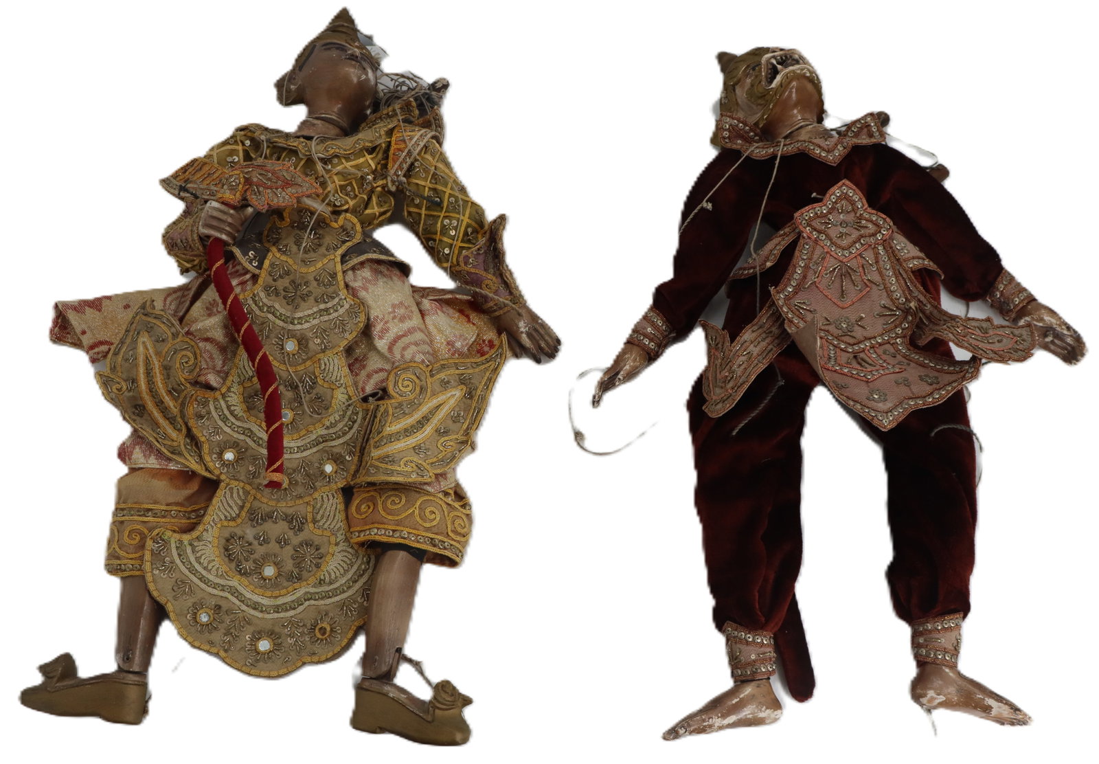 (2) Burmese Yok-Thei Articulated Opera Puppets: (2) Burmese Yok-Thei Articulated Opera Puppets. Traditional Burmese yk-thei marionettes, featuring a human figure and a mythical character dressed in ornate, heavily embroidered velvet and sequined co