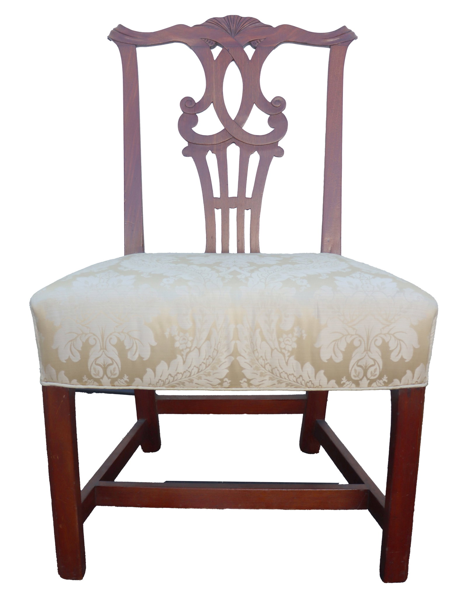 Chippendale Style Mahogany Dining Side Chair With Marlborough Legs: Chippendale Style Mahogany Dining Side Chair With Marlborough Legs. Pierced splat back with a shell-carved yoke rail and elegant scrolling details. It sits on sturdy straight Marlborough legs reinforc