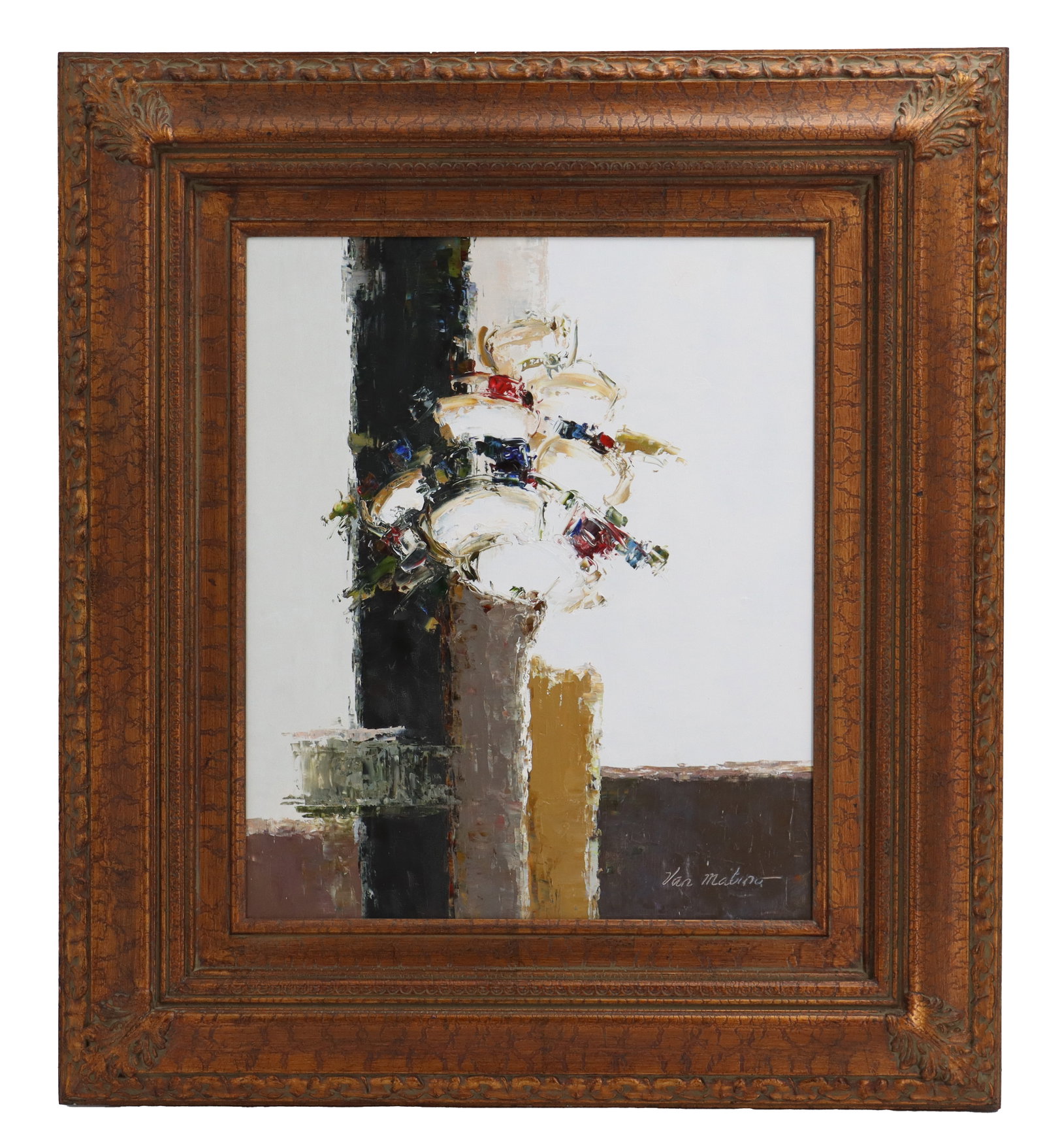 Van Matino Ahn (Born 1955) Korean, Oil on Canvas Abstract: Abstract oil painting features thick, impasto textures in a vertical composition of black, white, and earthy tones, punctuated by small bursts of primary colors. Signed lower right. Framed. Overall Si