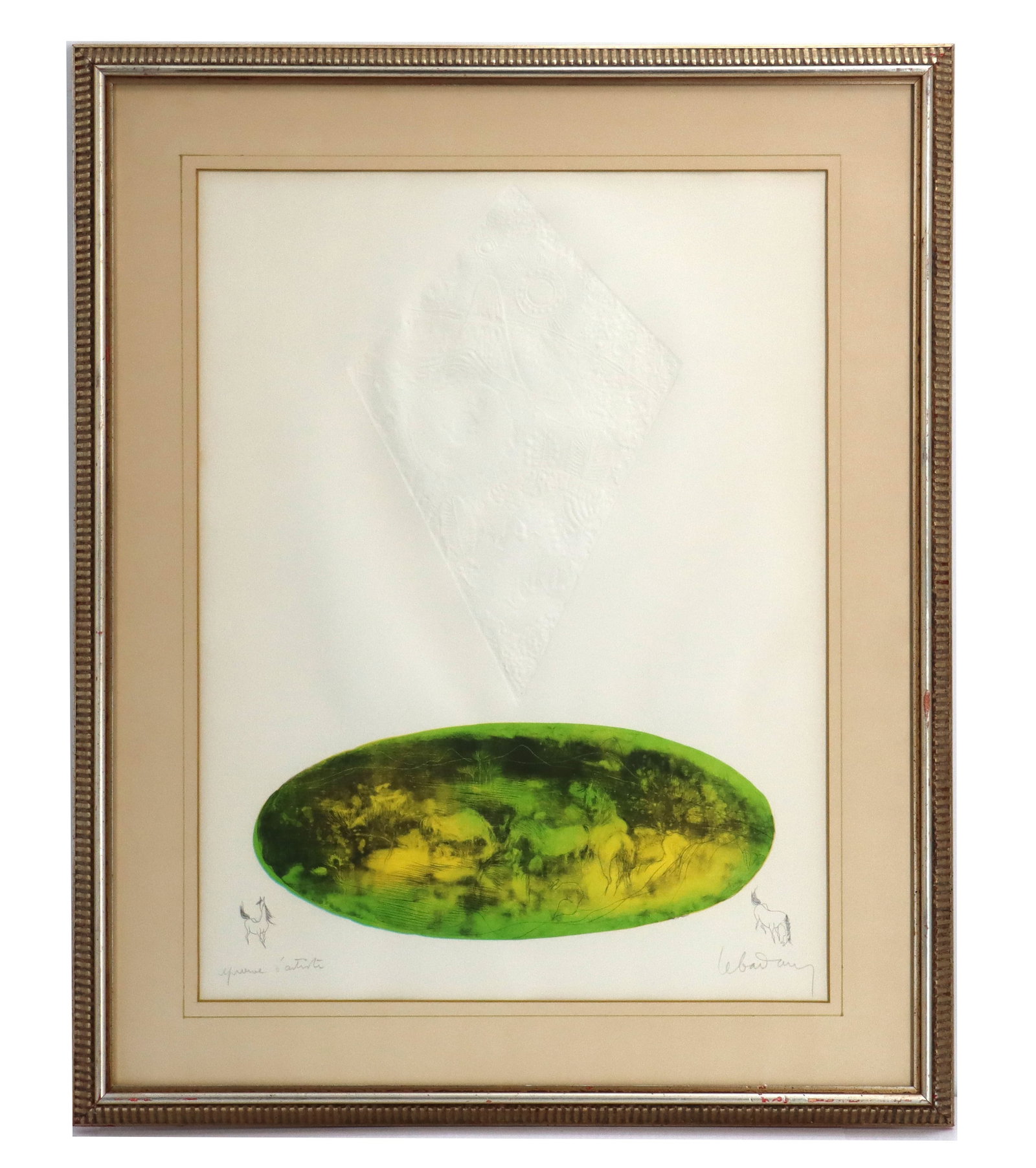 Hoi Lebadang (1921-2015) Vietnamese/French, Artist Proof Mixed Media: Hoi Lebadang (1921-2015) Vietnamese/French, Artist Proof Mixed Media. An oval image in green and yellow hues depicts horses and fields with mountains in the distance. Above it is a kite-shaped embosse