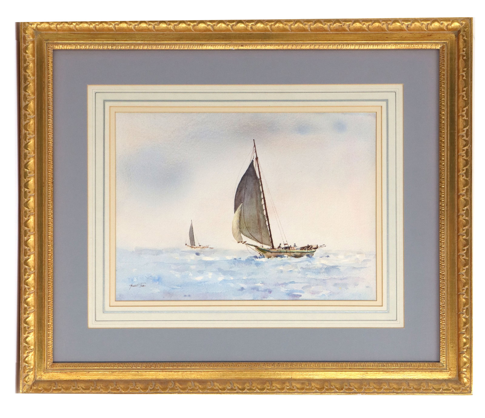 Gerald Tucker (1932-2016) British, Seascape Watercolor and Ink on Paper: Gerald Tucker (1932-2016) British, Seascape Watercolor and Ink on Paper. Title: "Race to the Oyster Beds." Depicts two sailboats on the open sea. Signed bottom left. In ornate gilt fram
