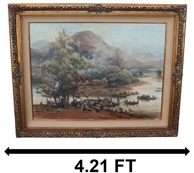 Yue Tin Mui (1892-1985) Chinese, "Market Place" Landscape Acrylic on Canvas: Yue Tin Mui (1892-1985) Chinese, "Market Place" Landscape Acrylic on Canvas. Depicts many boats and people gathered at a narrow spot in a river, with people on both sides gathering to sell t