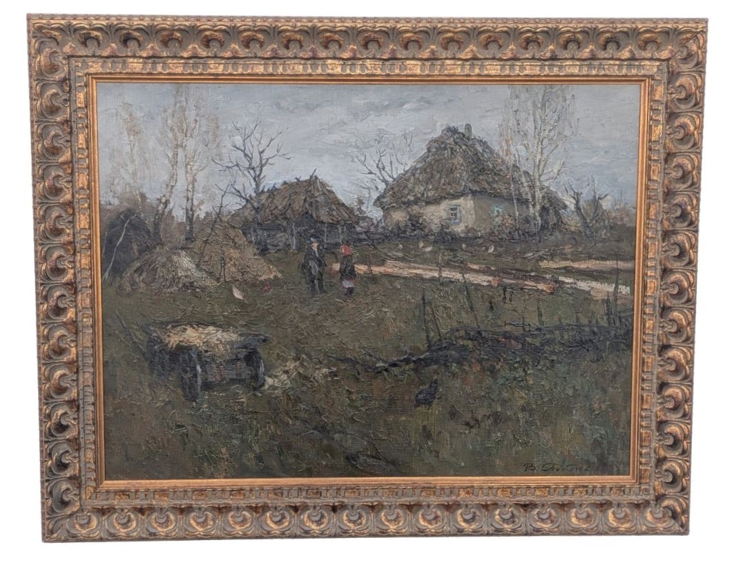 Vladimir Pentjukh (Born 1965) Russian/Ukrainian, Oil on Canvas "Late Autumn in Blistova": Vladimir Pentjukh (Born 1965) Russian/Ukrainian, Oil on Canvas "Late Autumn in Blistova". A somber rural scene featuring thatched-roof cottages, haystacks, and two figures standing in