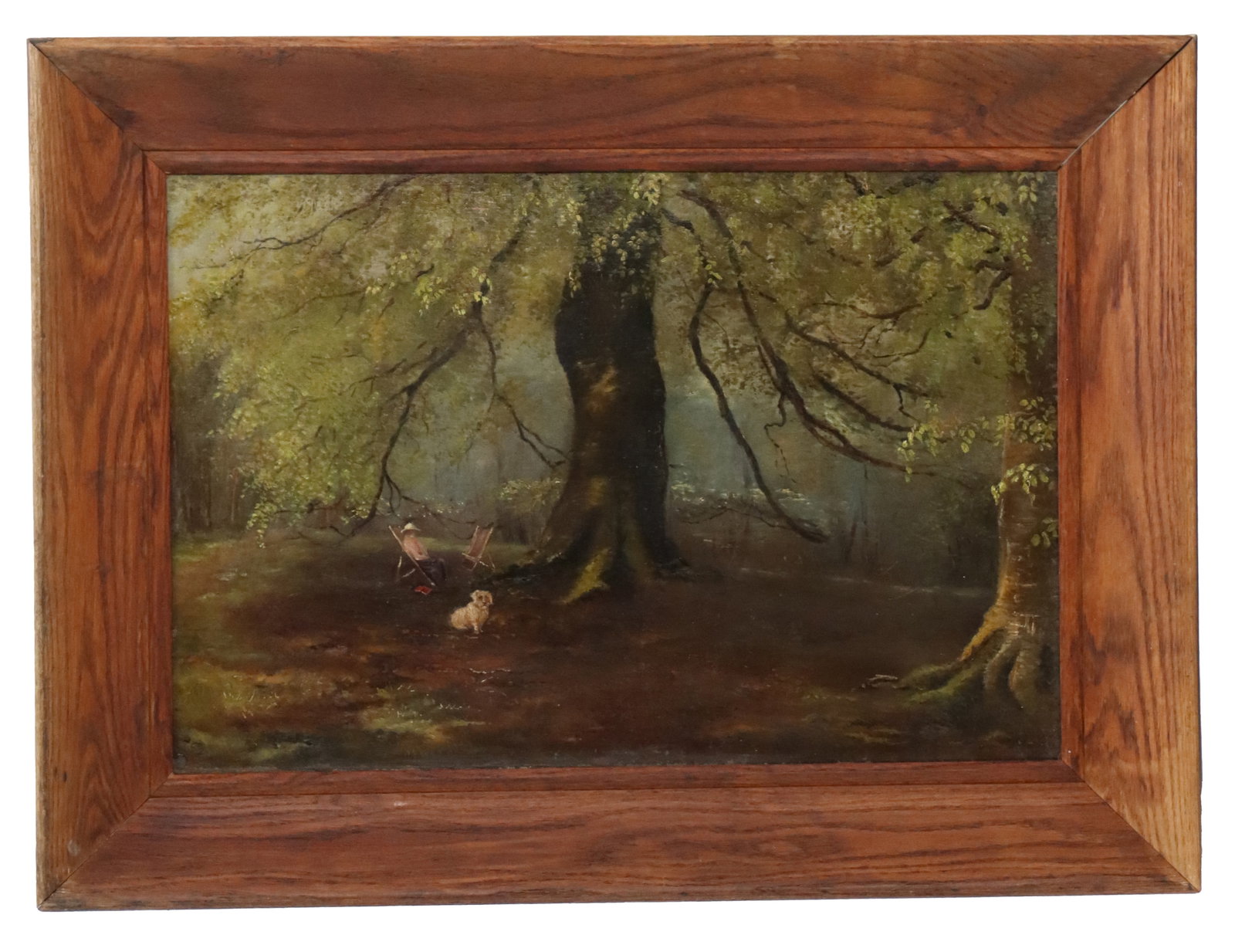 Antique English School Oil on Canvas Painting of a Woman and a Terrier Dog in a Park: Antique English School Oil on Canvas Painting of a Woman and a Terrier Dog in a Park. Overall Size: 22 3/4 x 30 1/4 in. Sight Size: 15 1/2 x 23 1/2 in.